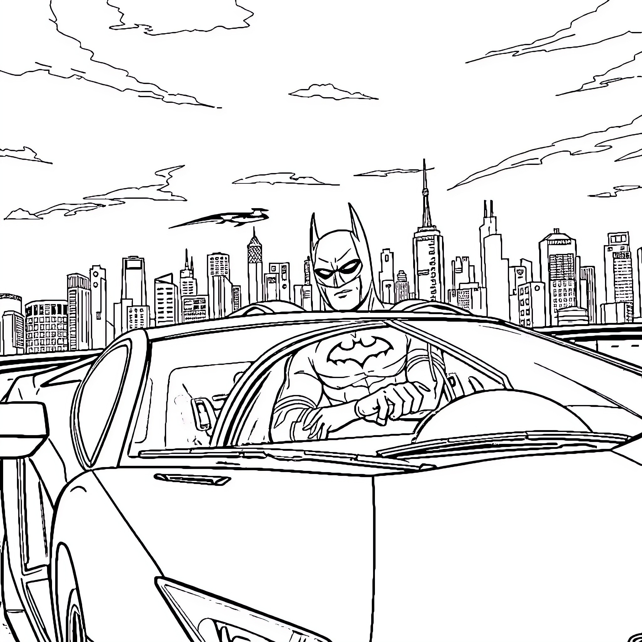 Batman driving his iconic car through the city Coloring Page (free black-and-white line drawing printable PDF for all, from beginners to advanced learners, including children, teens, adults, and seniors)