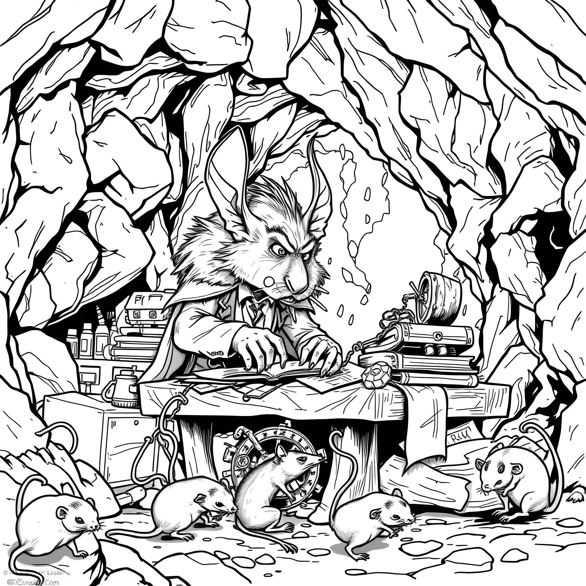 Scientist explores the underground den of rodents Coloring Page (free black-and-white line drawing printable PDF for all, from beginners to advanced learners, including children, teens, adults, and seniors)