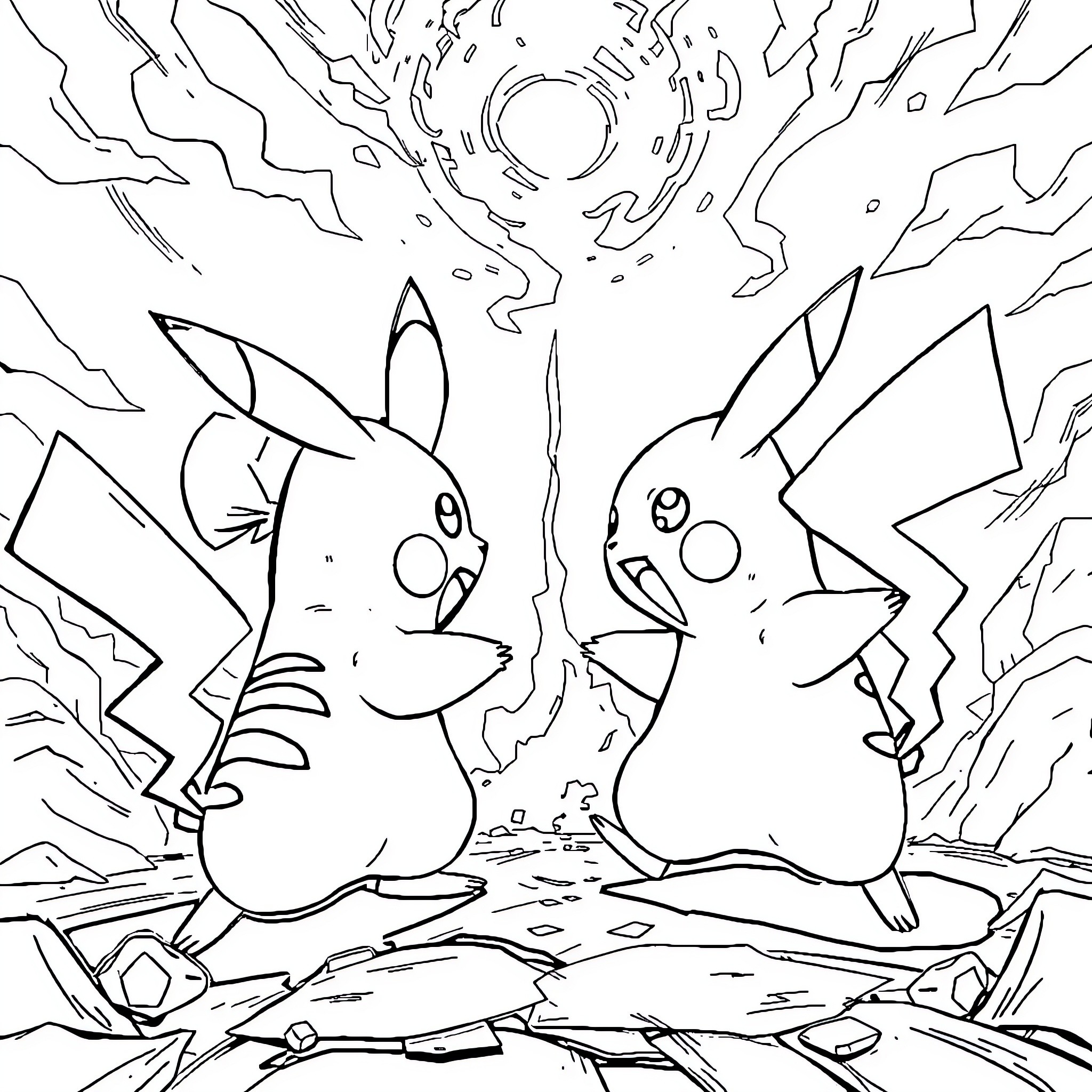Pikachu and Raichu in Electrifying Encounter Coloring Page (free black-and-white line drawing printable PDF for all, from beginners to advanced learners, including children, teens, adults, and seniors)
