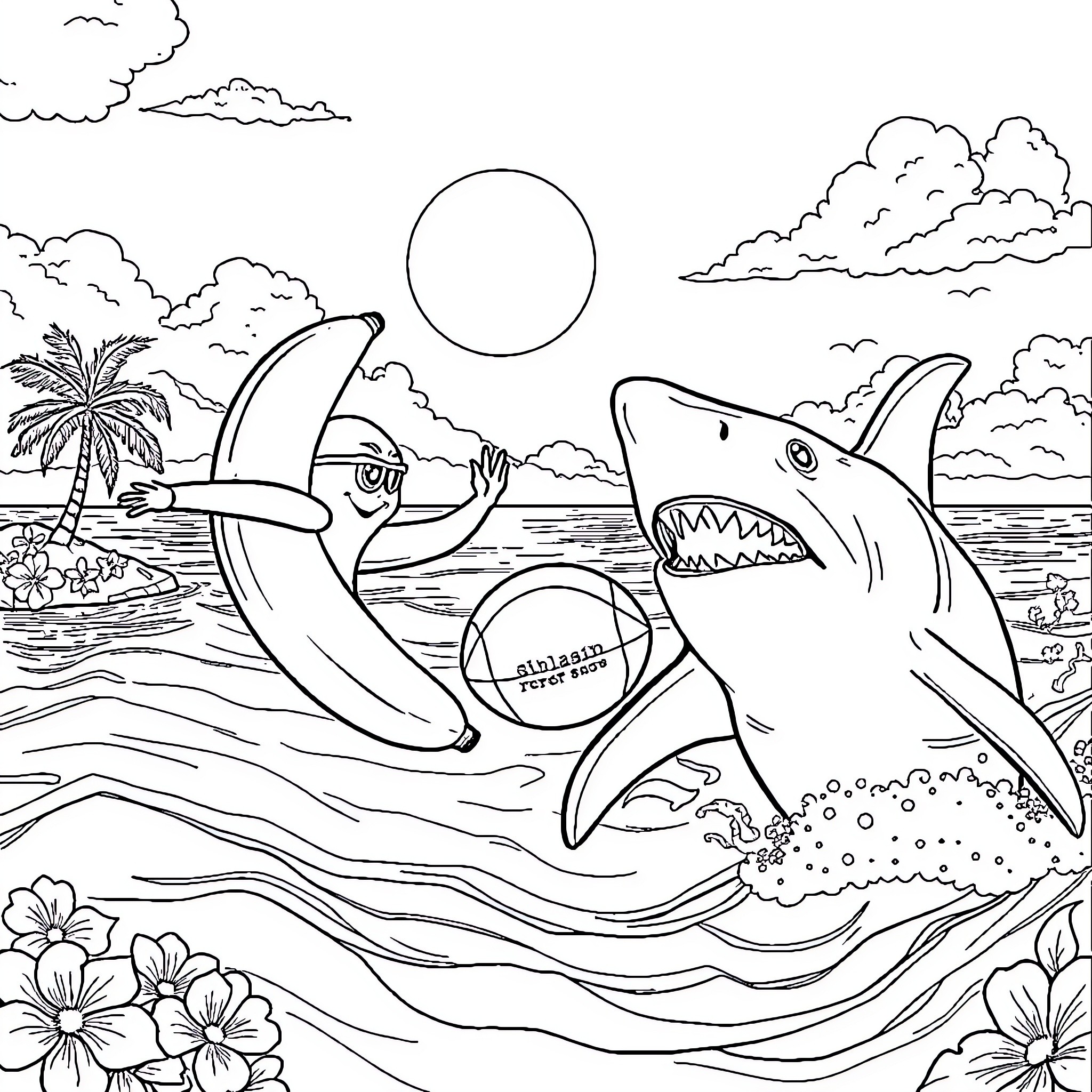 Banana sharks playfully swimming in the ocean Coloring Page (free black-and-white line drawing printable PDF for all, from beginners to advanced learners, including children, teens, adults, and seniors)