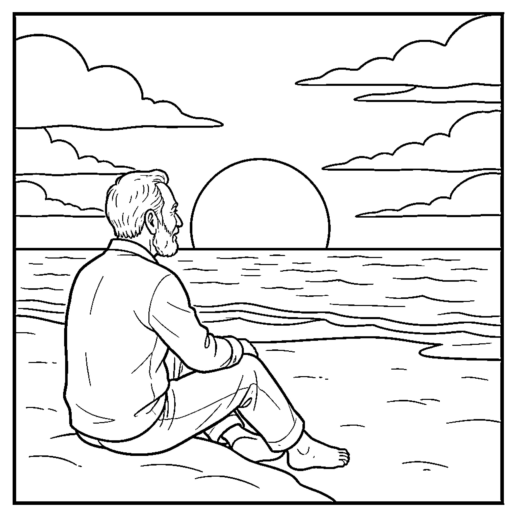 Man contemplating the sunset on the beach Coloring Page (free black-and-white line drawing printable PDF for all, from beginners to advanced learners, including children, teens, adults, and seniors)
