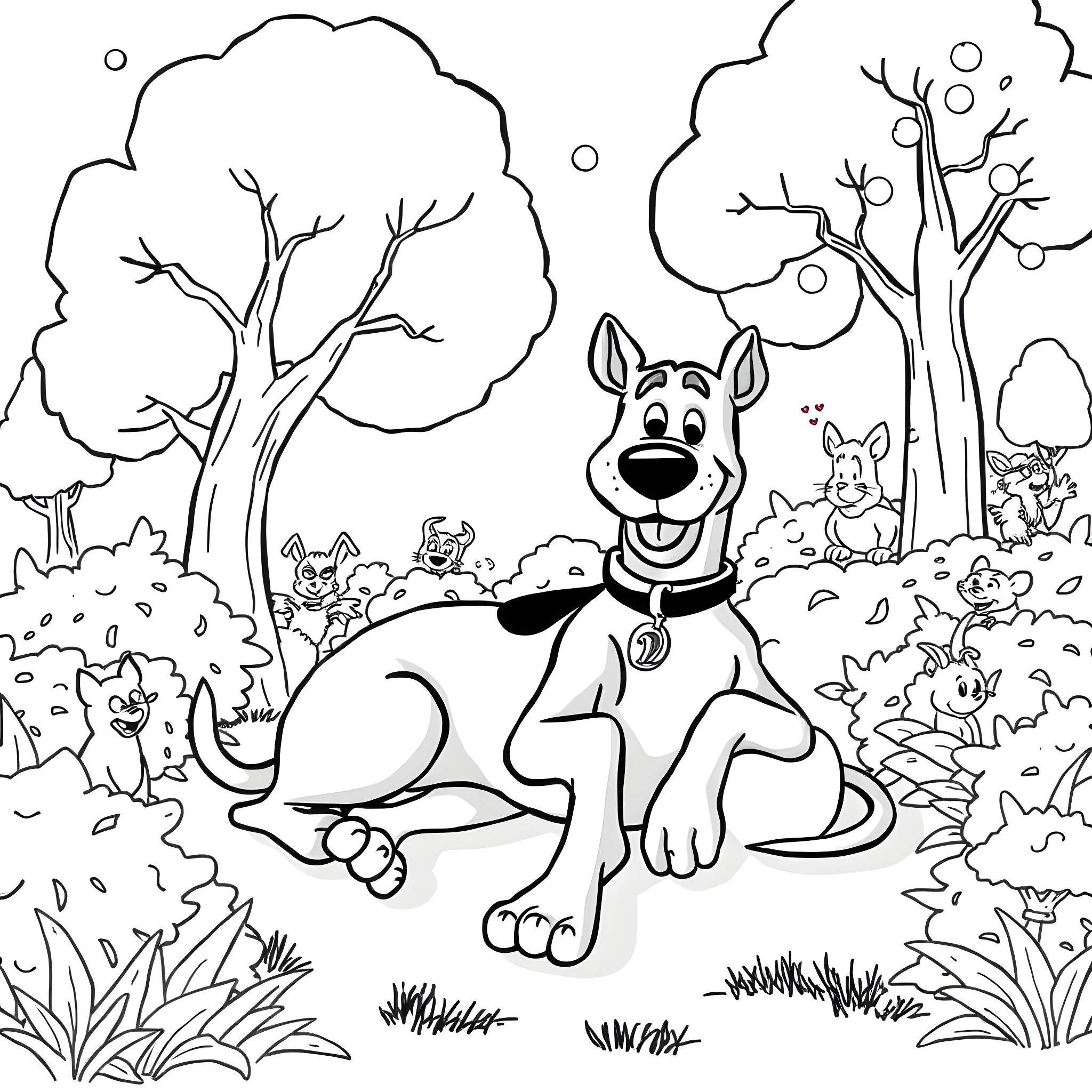Scooby Doo's Playful Adventure in the Forest Coloring Page (free black-and-white line drawing printable PDF for all, from beginners to advanced learners, including children, teens, adults, and seniors)