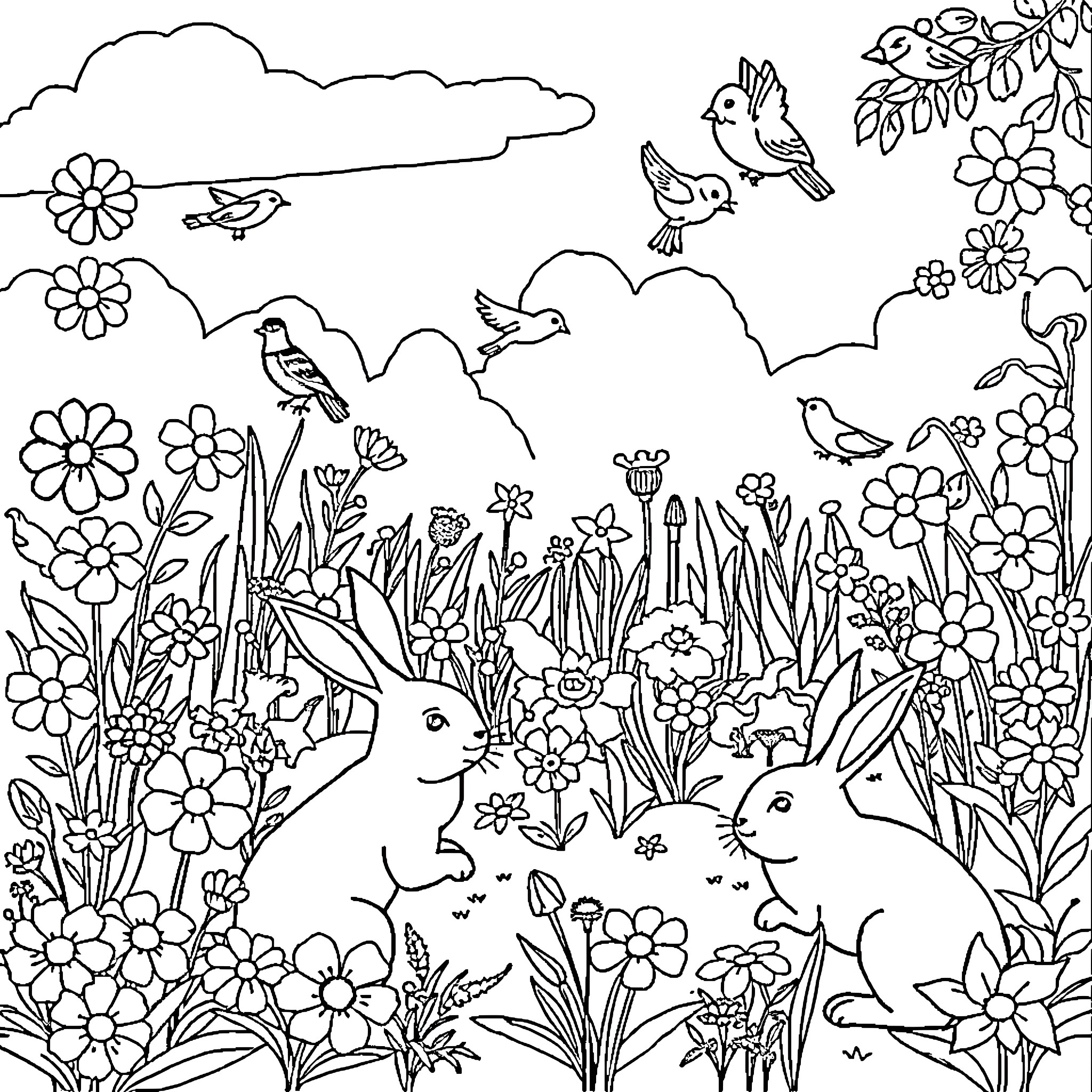 Garden scene with flowers, birds, and rabbits Coloring Page (free black-and-white line drawing printable PDF for all, from beginners to advanced learners, including children, teens, adults, and seniors)