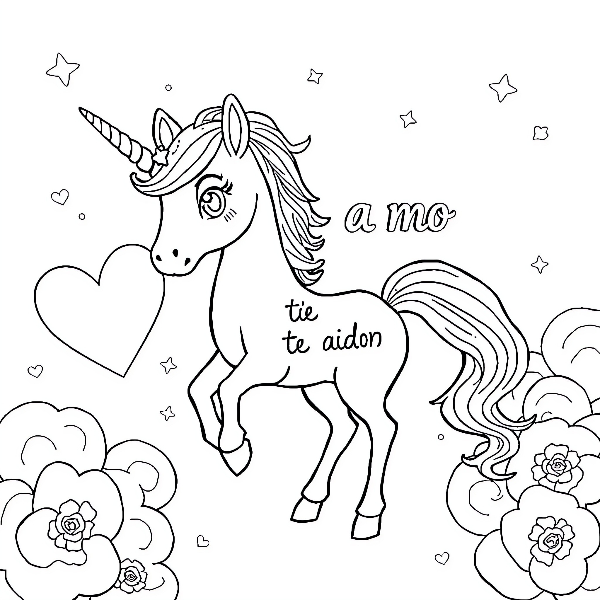 Unicorn expressing love among flowers and stars Coloring Page (free black-and-white line drawing printable PDF for all, from beginners to advanced learners, including children, teens, adults, and seniors)