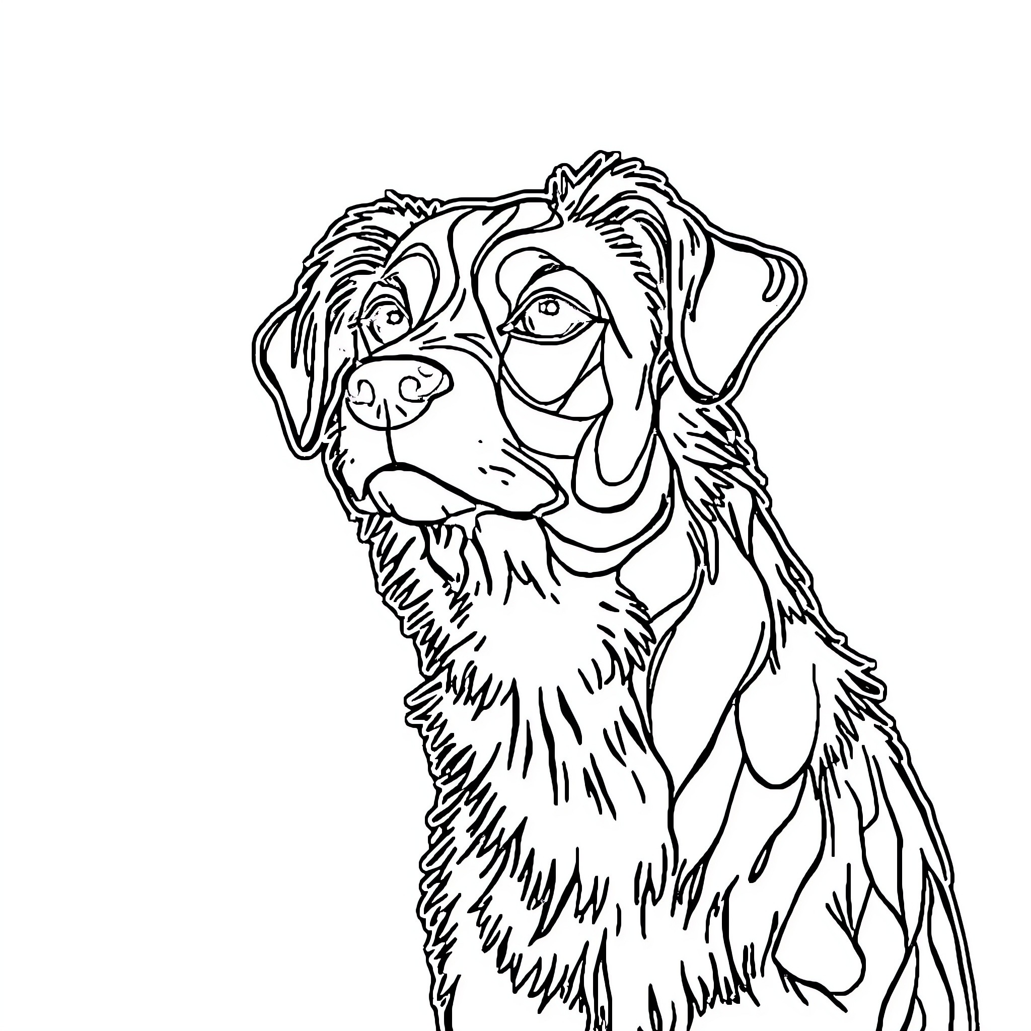Dog looking up with attentive expression Coloring Page (free black-and-white line drawing printable PDF for all, from beginners to advanced learners, including children, teens, adults, and seniors)