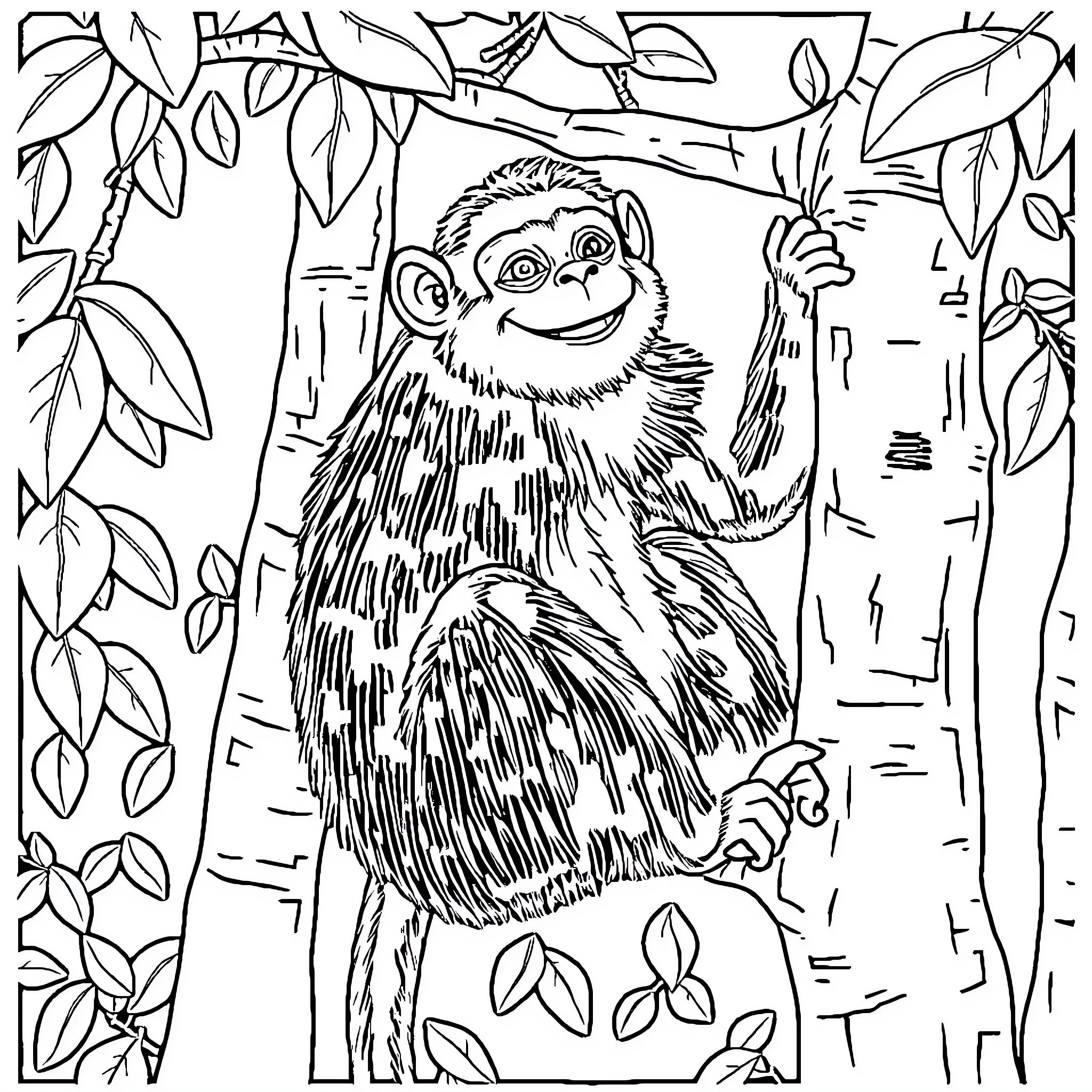 Single Sloth Swinging Happily in Jungle Coloring Page (free black-and-white line drawing printable PDF for all, from beginners to advanced learners, including children, teens, adults, and seniors)