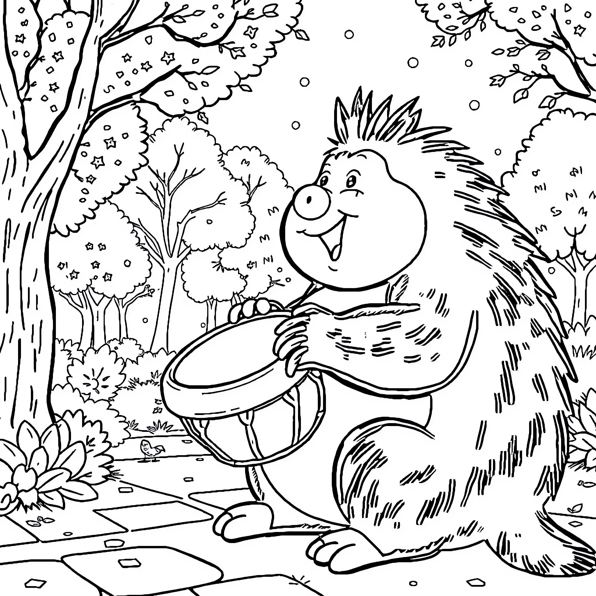 Niño playing happily with porcupine in the forest Coloring Page (free black-and-white line drawing printable PDF for all, from beginners to advanced learners, including children, teens, adults, and seniors)