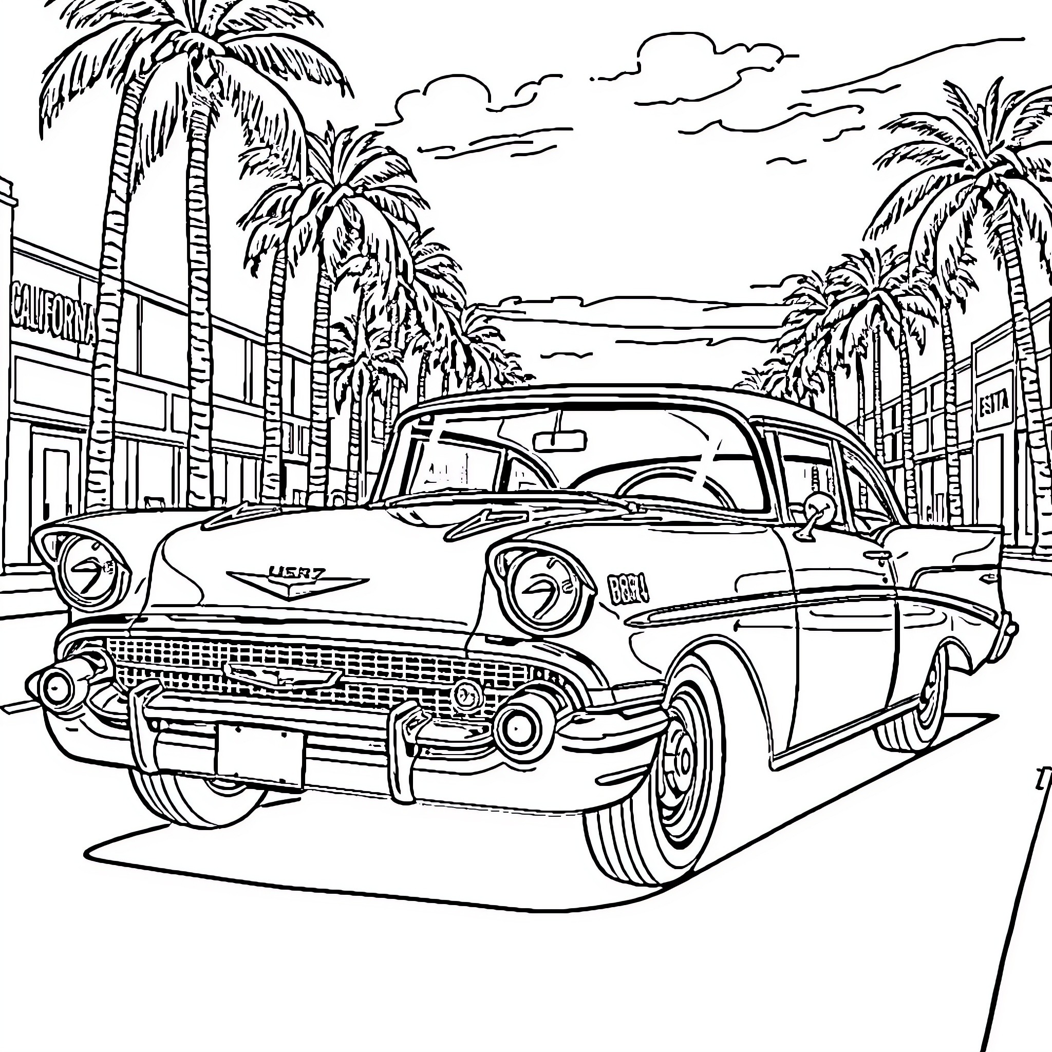Chevy classic car cruising along palm-lined streets Coloring Page (free black-and-white line drawing printable PDF for all, from beginners to advanced learners, including children, teens, adults, and seniors)