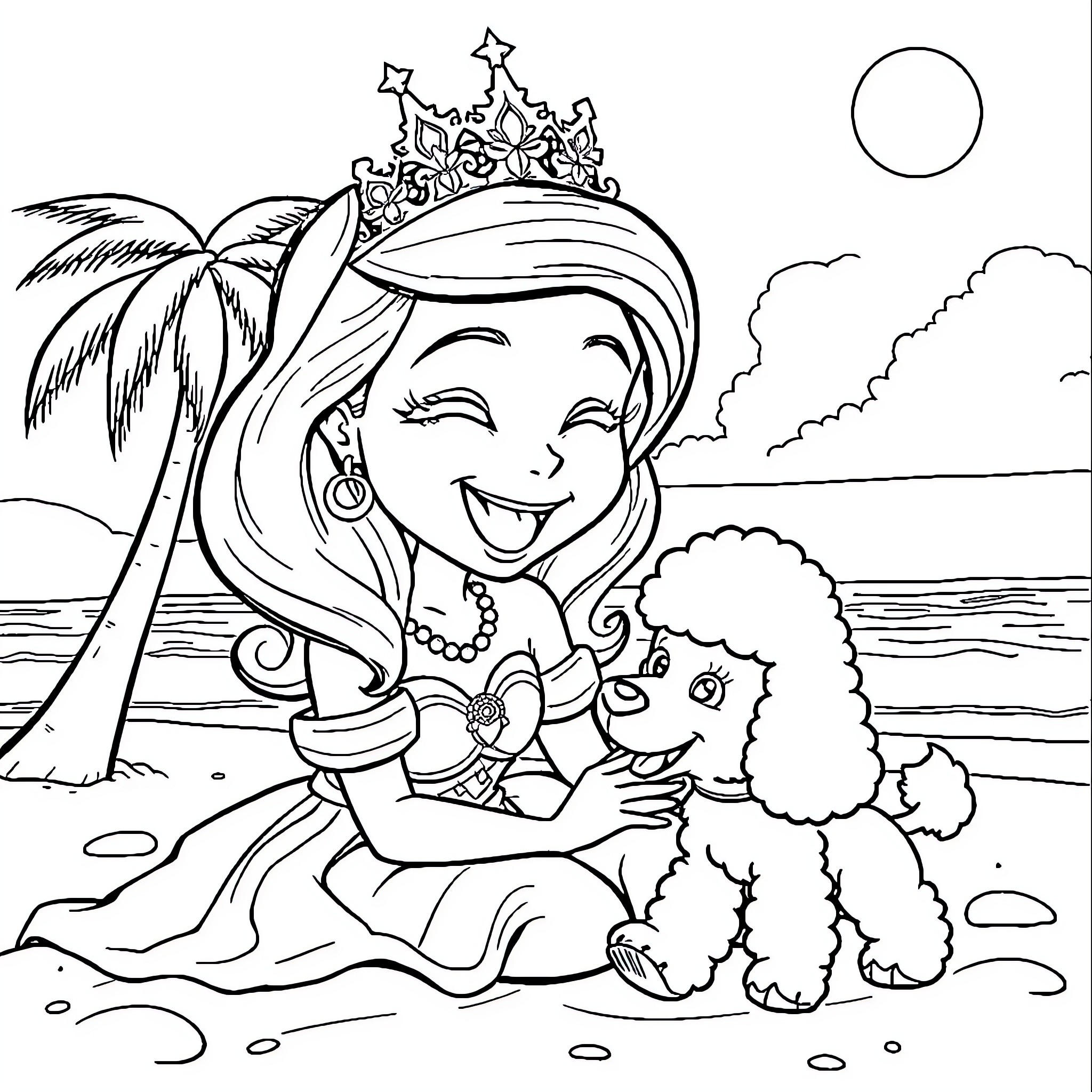 Princess Plays with Pet on the Beach Coloring Page (free black-and-white line drawing printable PDF for all, from beginners to advanced learners, including children, teens, adults, and seniors)