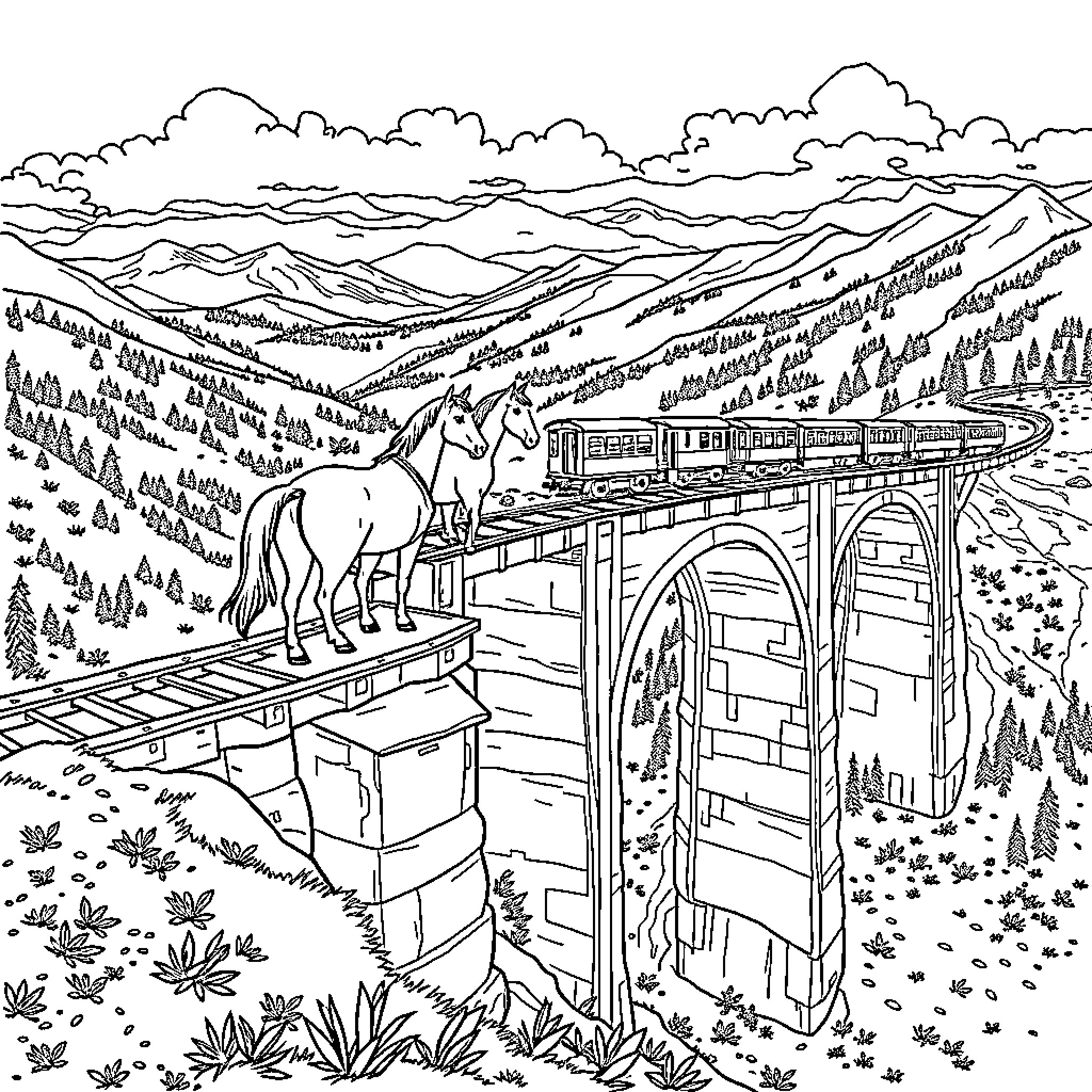 Horse on a Majestic Railway Bridge Coloring Page (free black-and-white line drawing printable PDF for all, from beginners to advanced learners, including children, teens, adults, and seniors)
