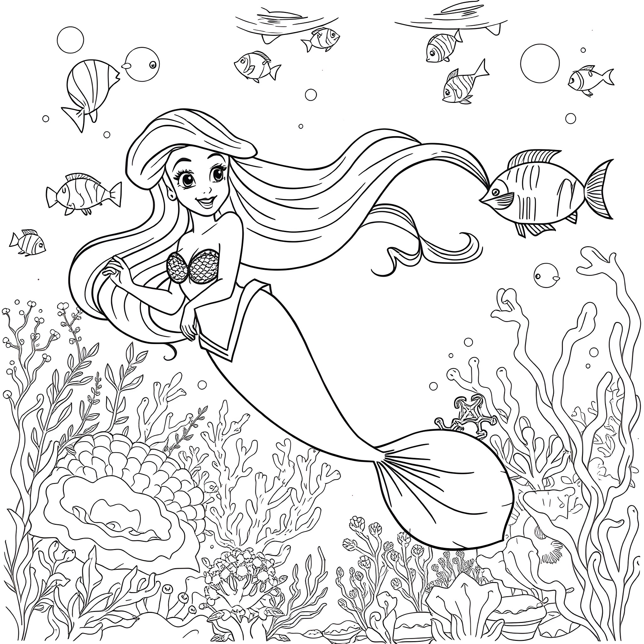 Ariel's Underwater Adventure Coloring Page (free black-and-white line drawing printable PDF for all, from beginners to advanced learners, including children, teens, adults, and seniors)