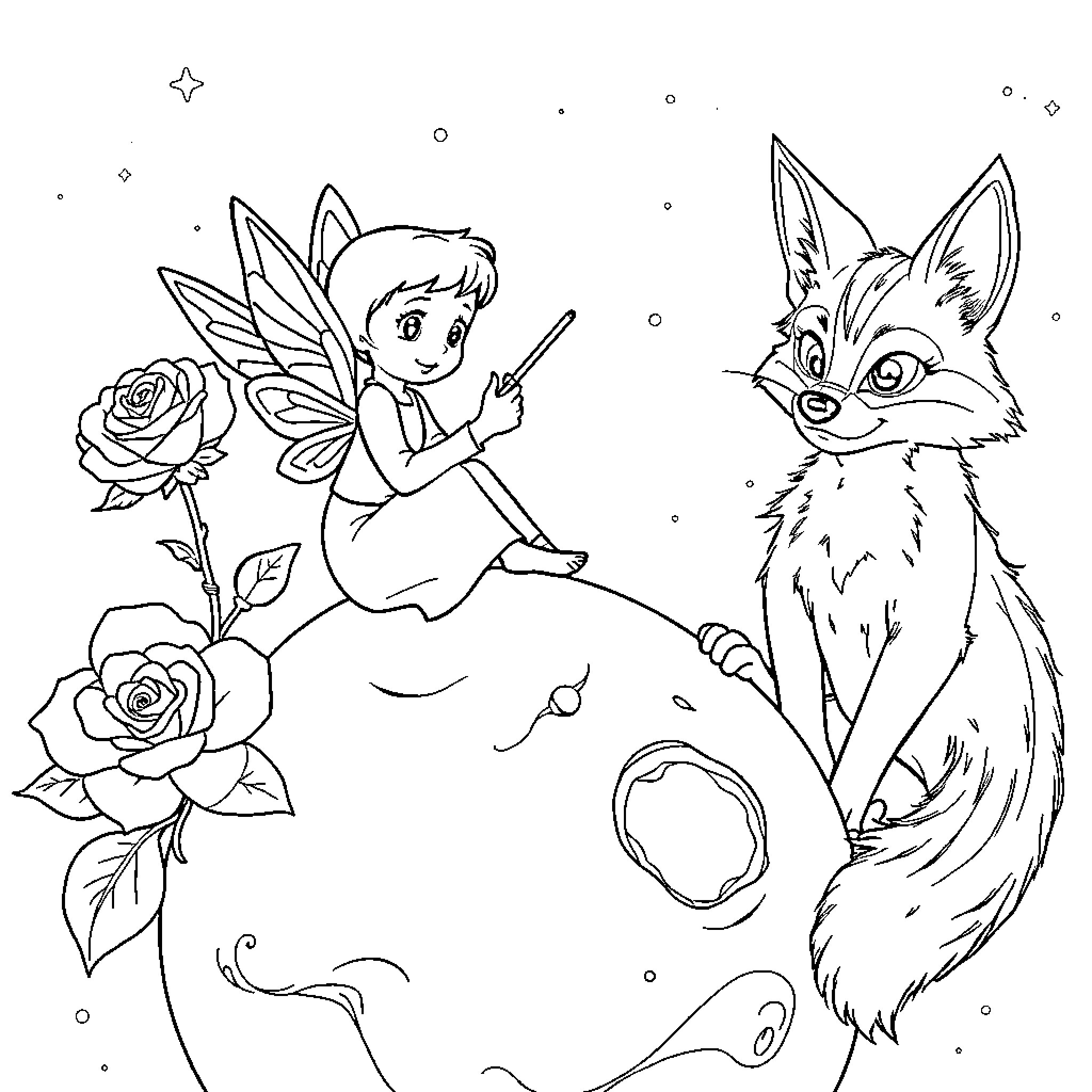 Principito and the Enchanted Garden with Friendly Fox Coloring Page (free black-and-white line drawing printable PDF for all, from beginners to advanced learners, including children, teens, adults, and seniors)