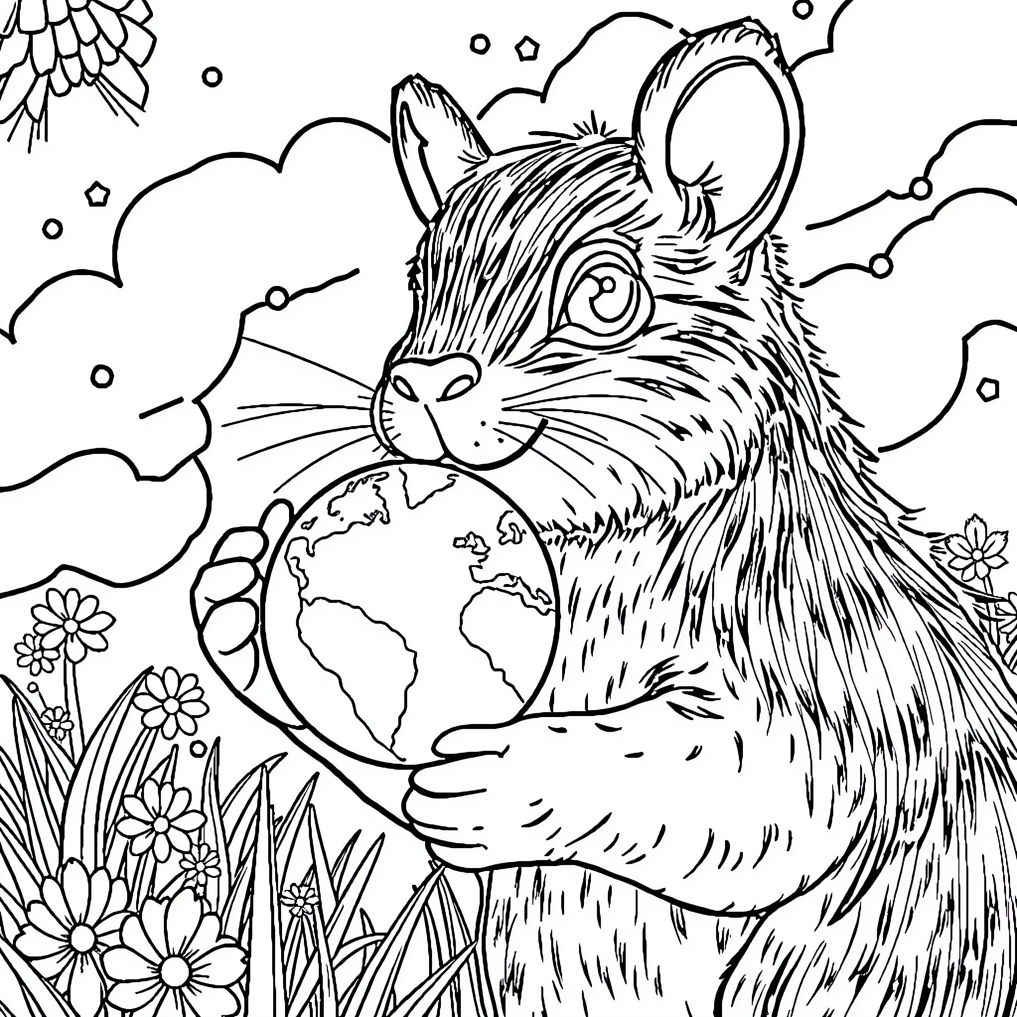 Capybara cherishing the Earth amidst nature's splendor Coloring Page (free black-and-white line drawing printable PDF for all, from beginners to advanced learners, including children, teens, adults, and seniors)