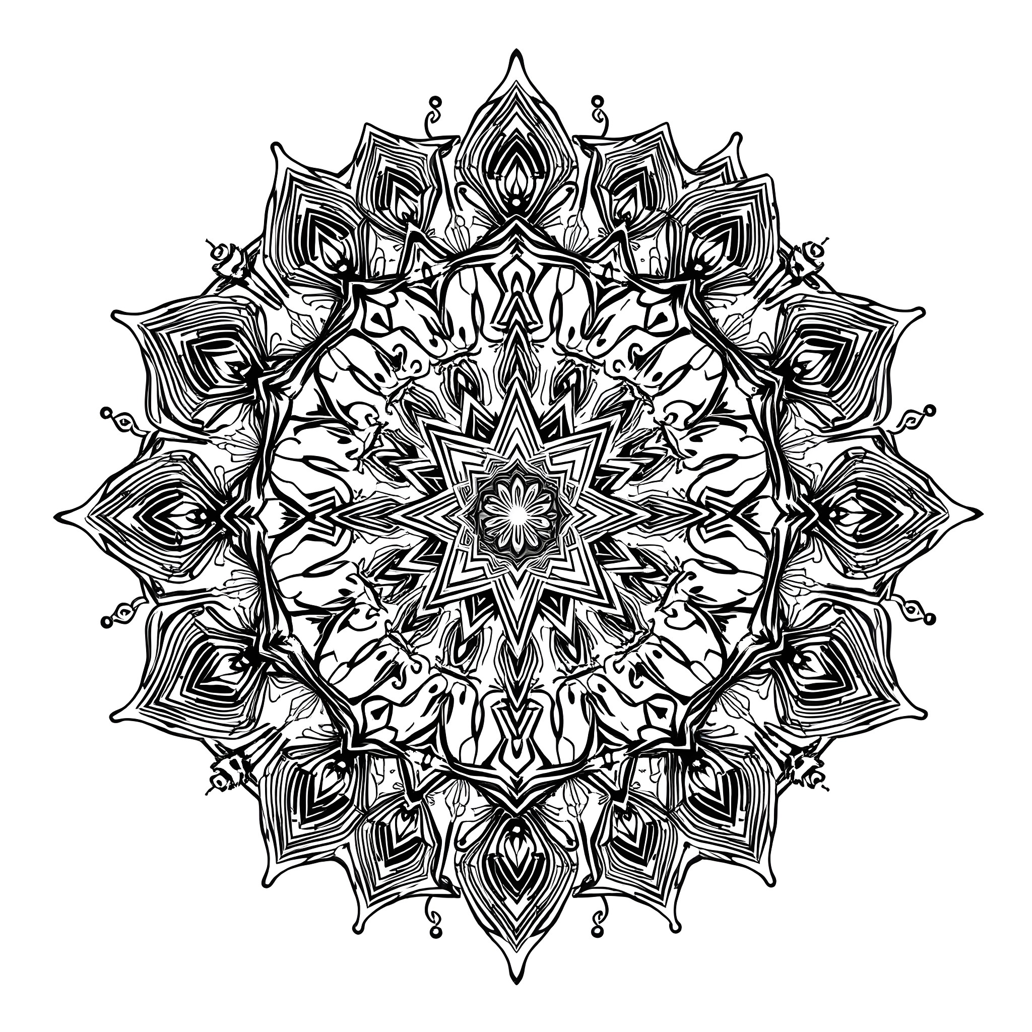 Mandala with intricate floral patterns and geometric shapes Coloring Page (free black-and-white line drawing printable PDF for all, from beginners to advanced learners, including children, teens, adults, and seniors)