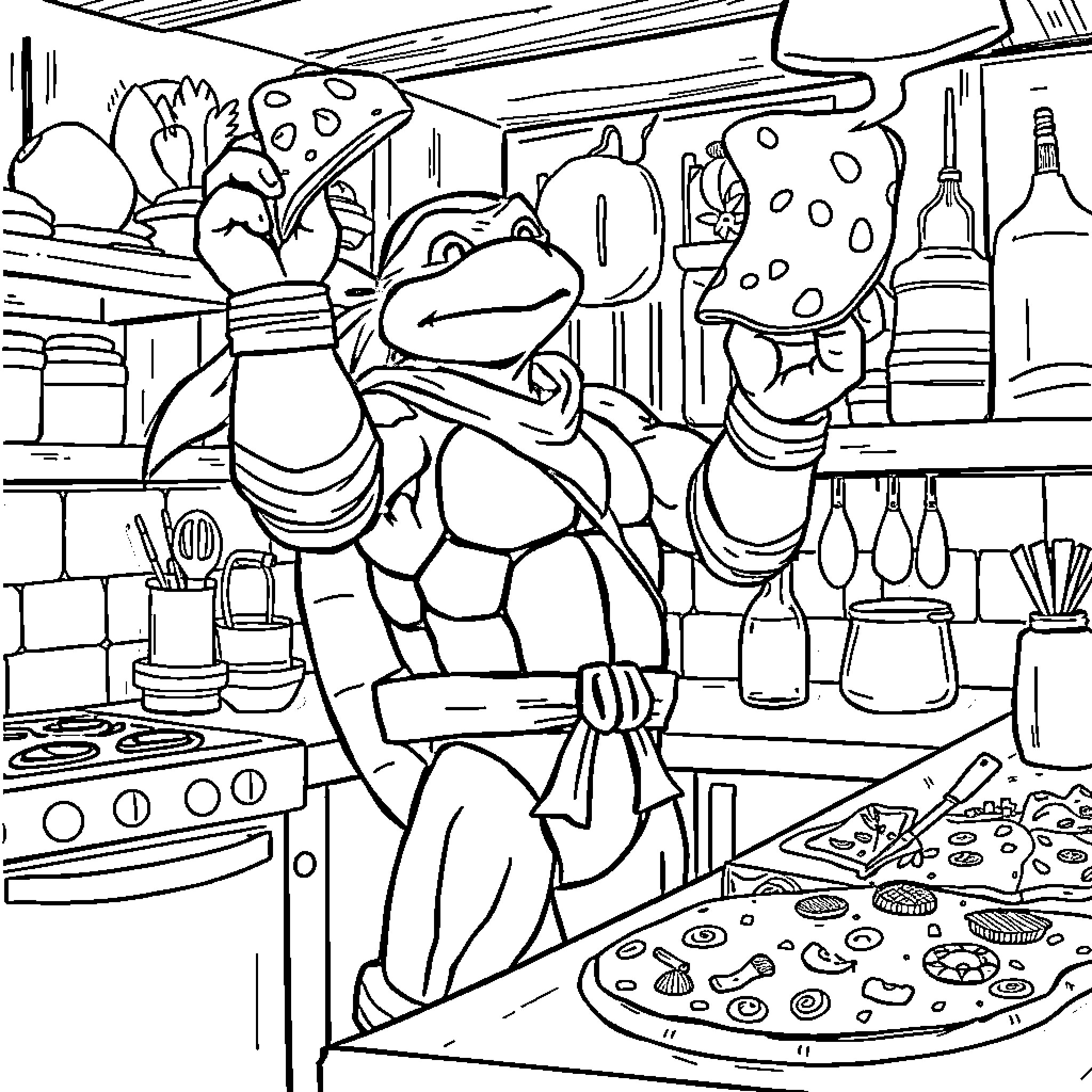 Teenage Mutant Ninja Turtle Cooking Up a Tasty Meal Coloring Page (free black-and-white line drawing printable PDF for all, from beginners to advanced learners, including children, teens, adults, and seniors)
