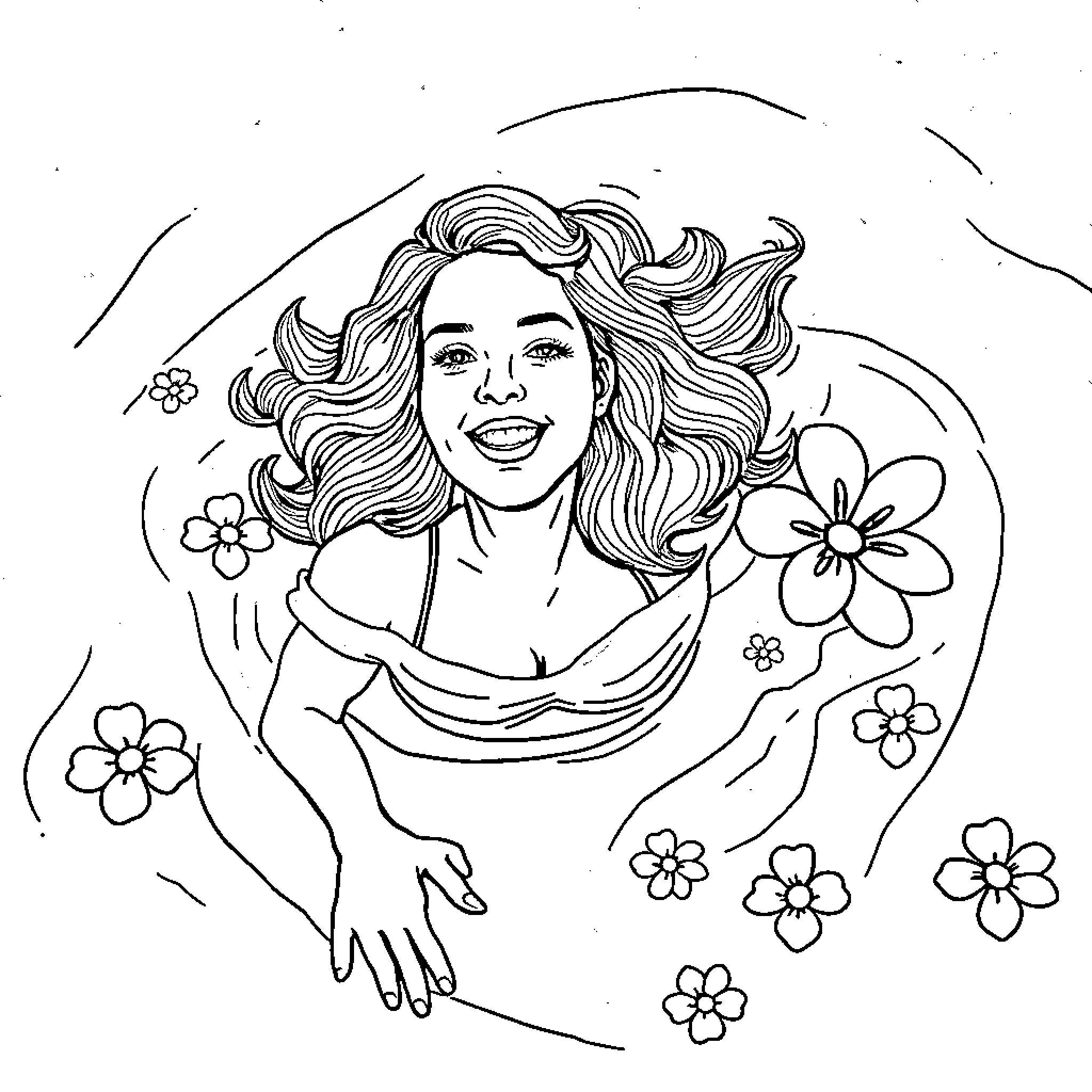 Lori's Flowery Embrace Coloring Page (free black-and-white line drawing printable PDF for all, from beginners to advanced learners, including children, teens, adults, and seniors)