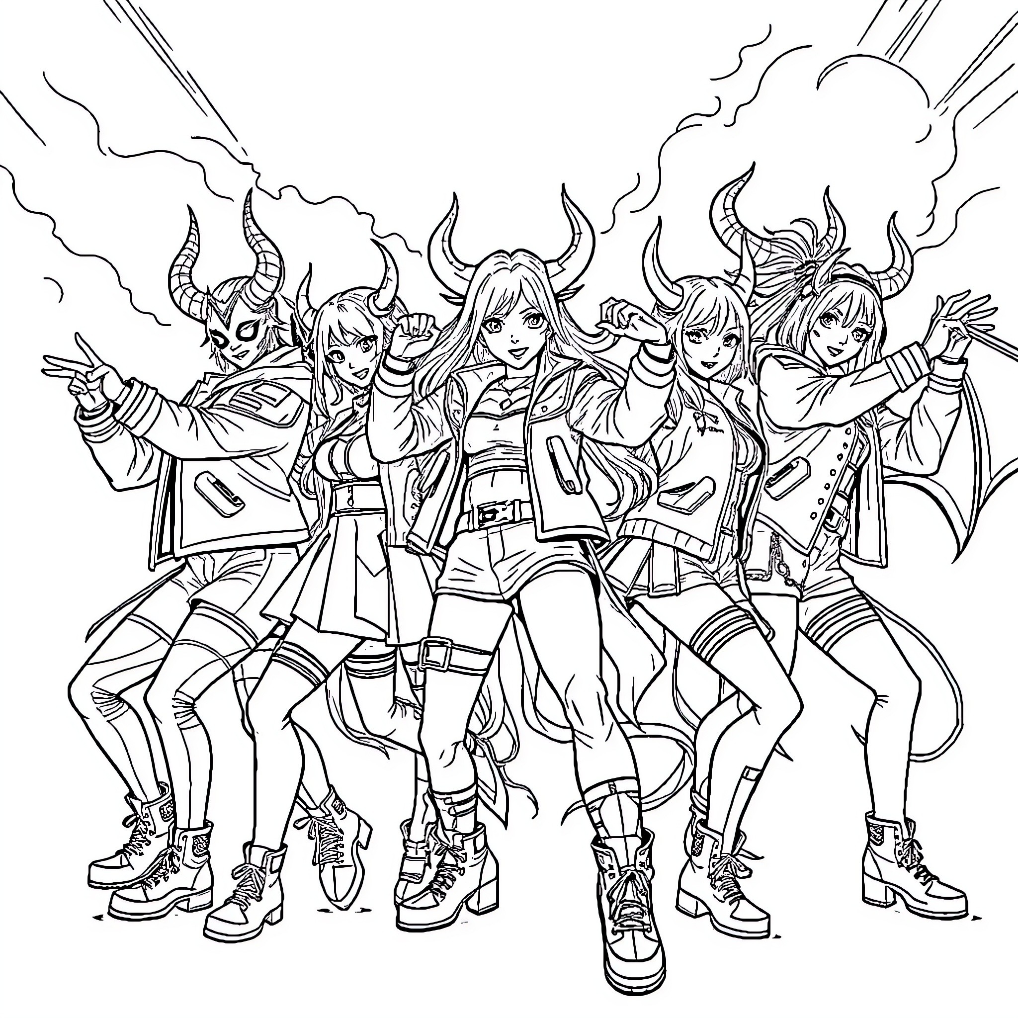Demon Hunter Crew in Fierce Battle Attire Coloring Page (free black-and-white line drawing printable PDF for all, from beginners to advanced learners, including children, teens, adults, and seniors)