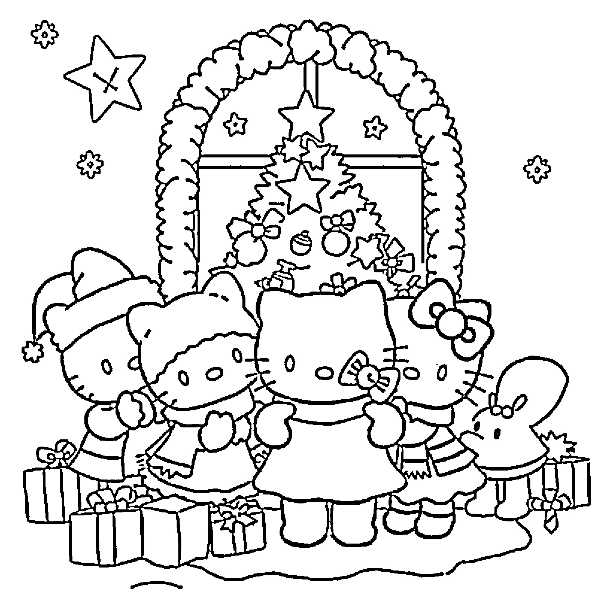 Hello Kitty and Friends Celebrate Christmas Coloring Page (free black-and-white line drawing printable PDF for all, from beginners to advanced learners, including children, teens, adults, and seniors)