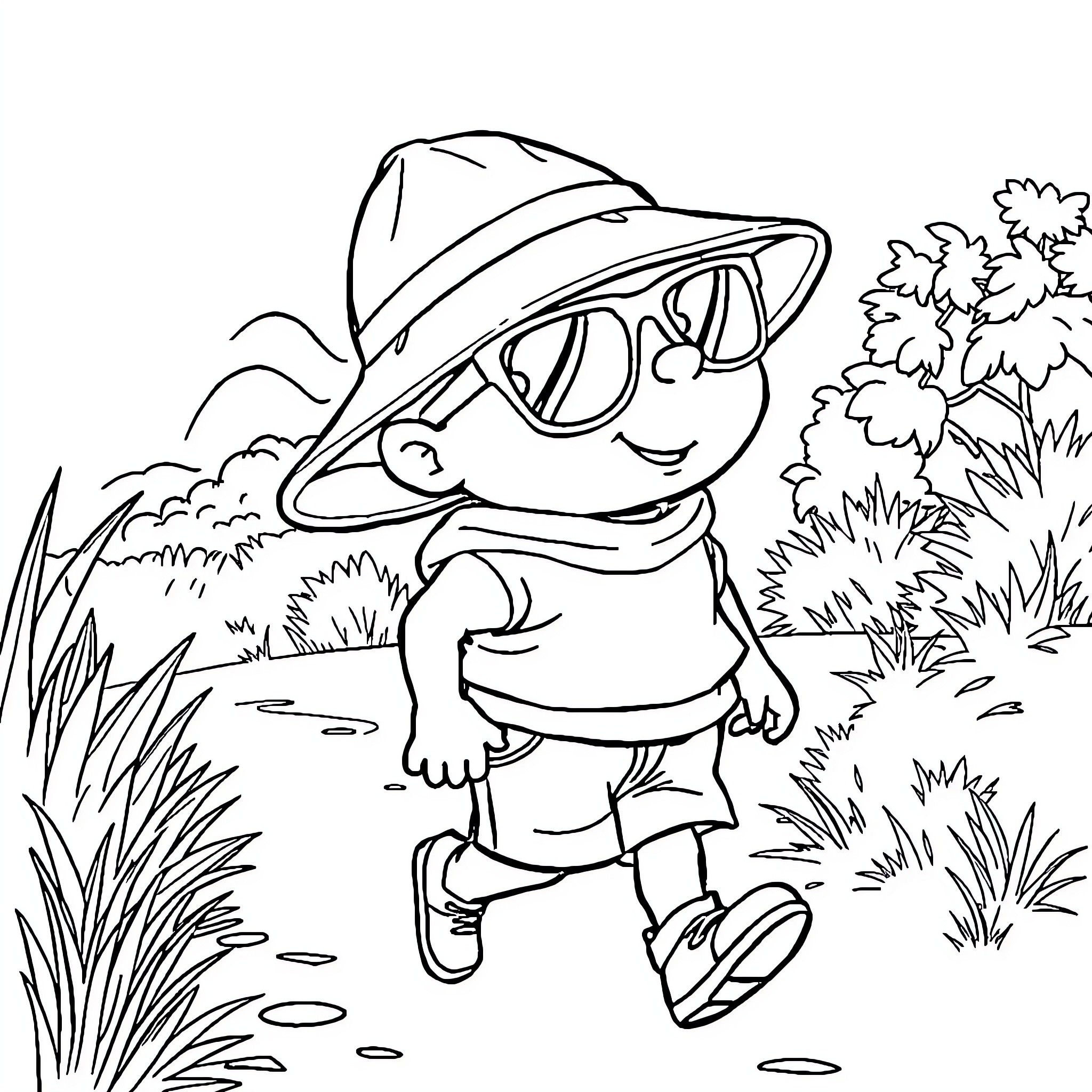 Chancho exploring the outdoors with a smile Coloring Page (free black-and-white line drawing printable PDF for all, from beginners to advanced learners, including children, teens, adults, and seniors)