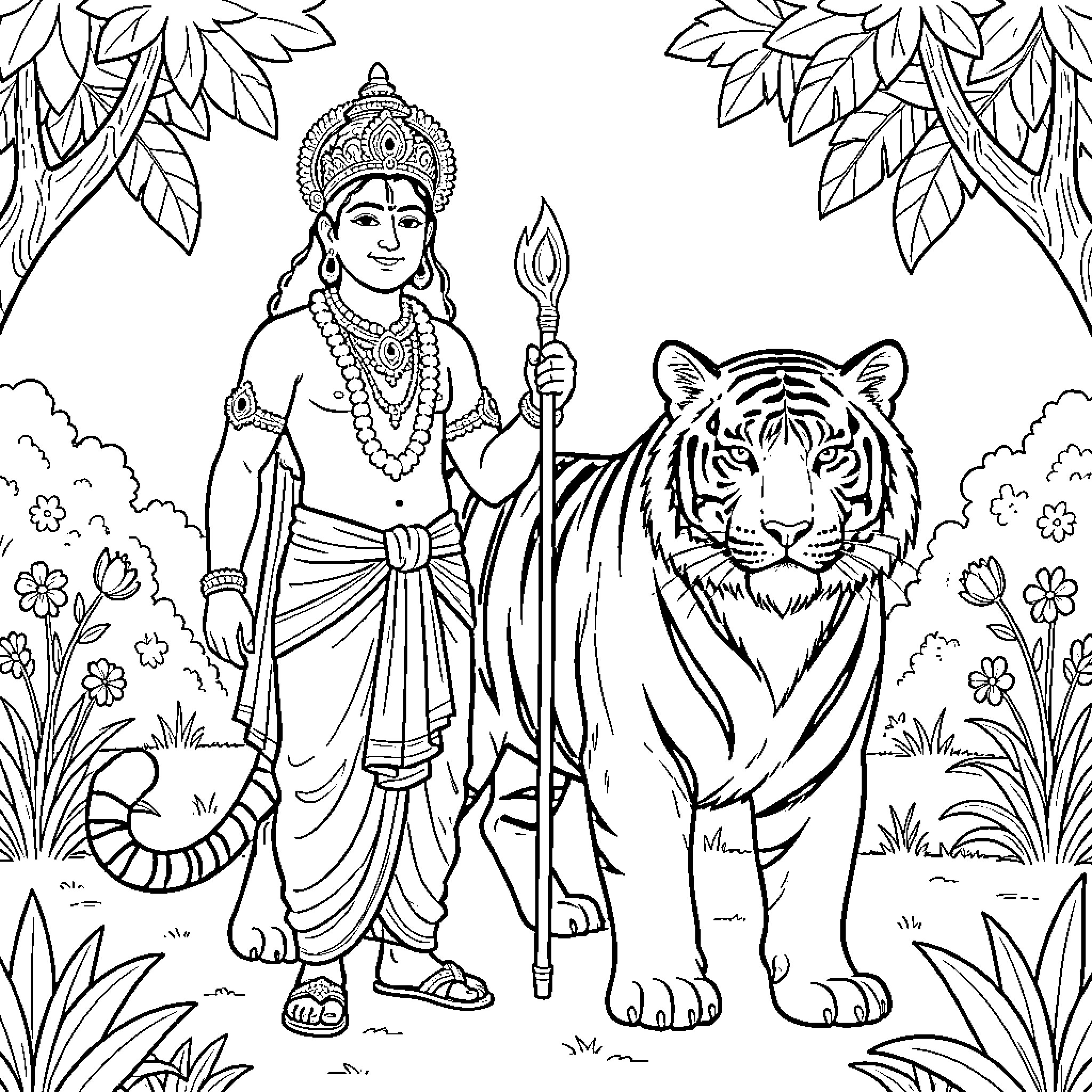 Ayyappa standing majestically with a tiger in nature Coloring Page (free black-and-white line drawing printable PDF for all, from beginners to advanced learners, including children, teens, adults, and seniors)