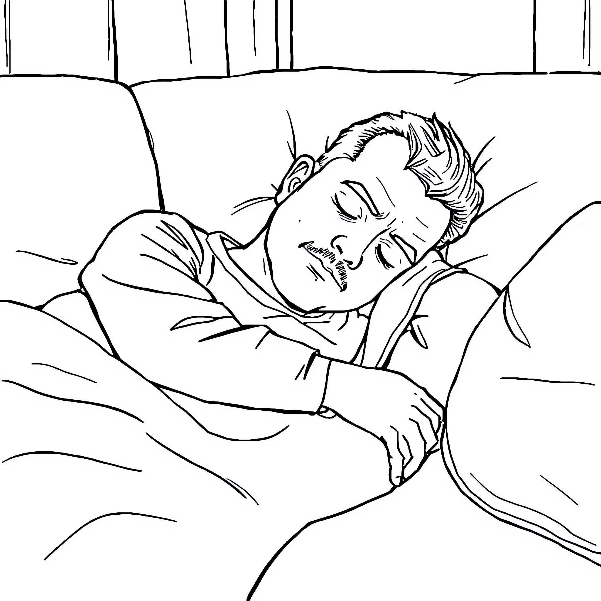 Dad resting peacefully in bed Coloring Page (free black-and-white line drawing printable PDF for all, from beginners to advanced learners, including children, teens, adults, and seniors)