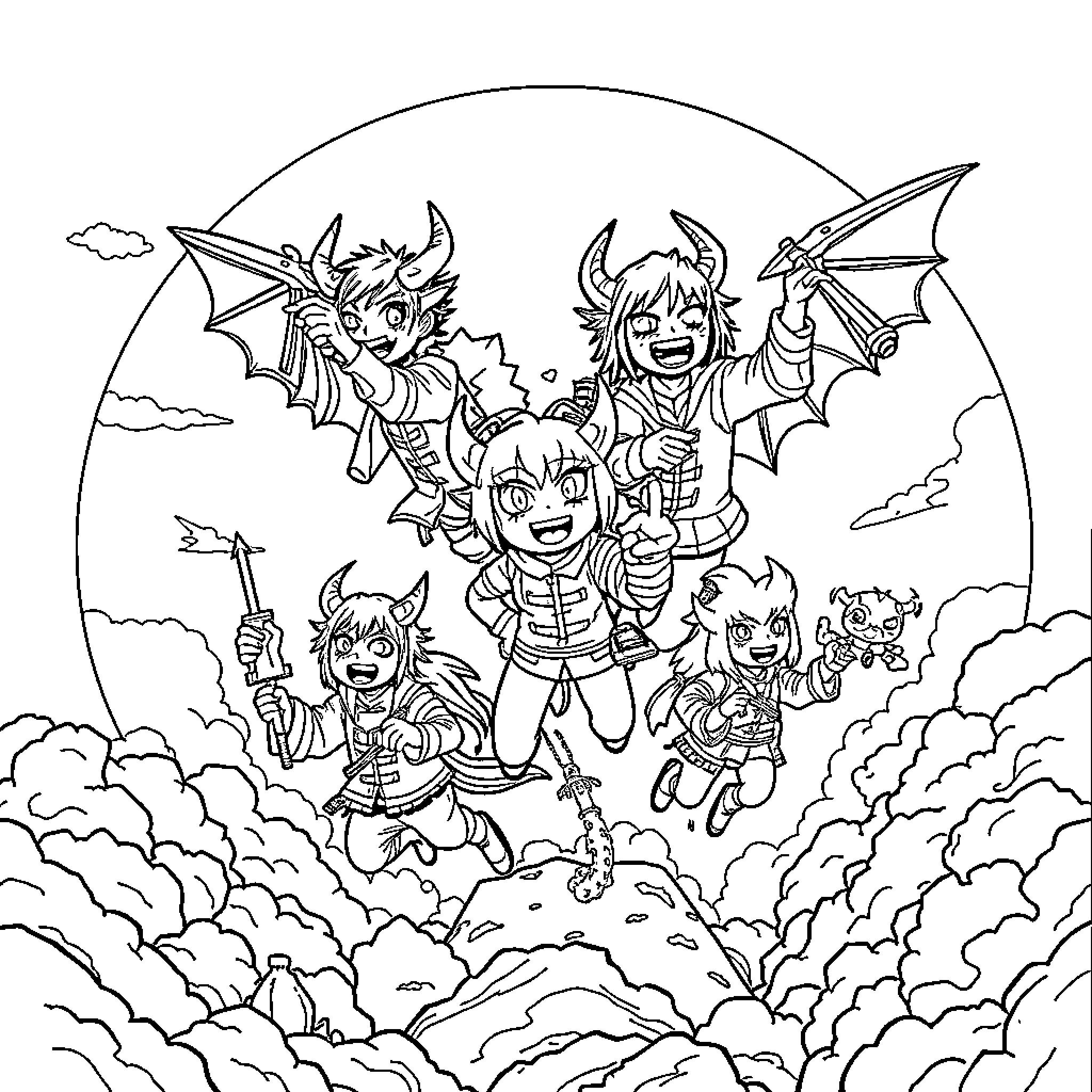 Demon Slayer characters in action-packed adventure Coloring Page (free black-and-white line drawing printable PDF for all, from beginners to advanced learners, including children, teens, adults, and seniors)