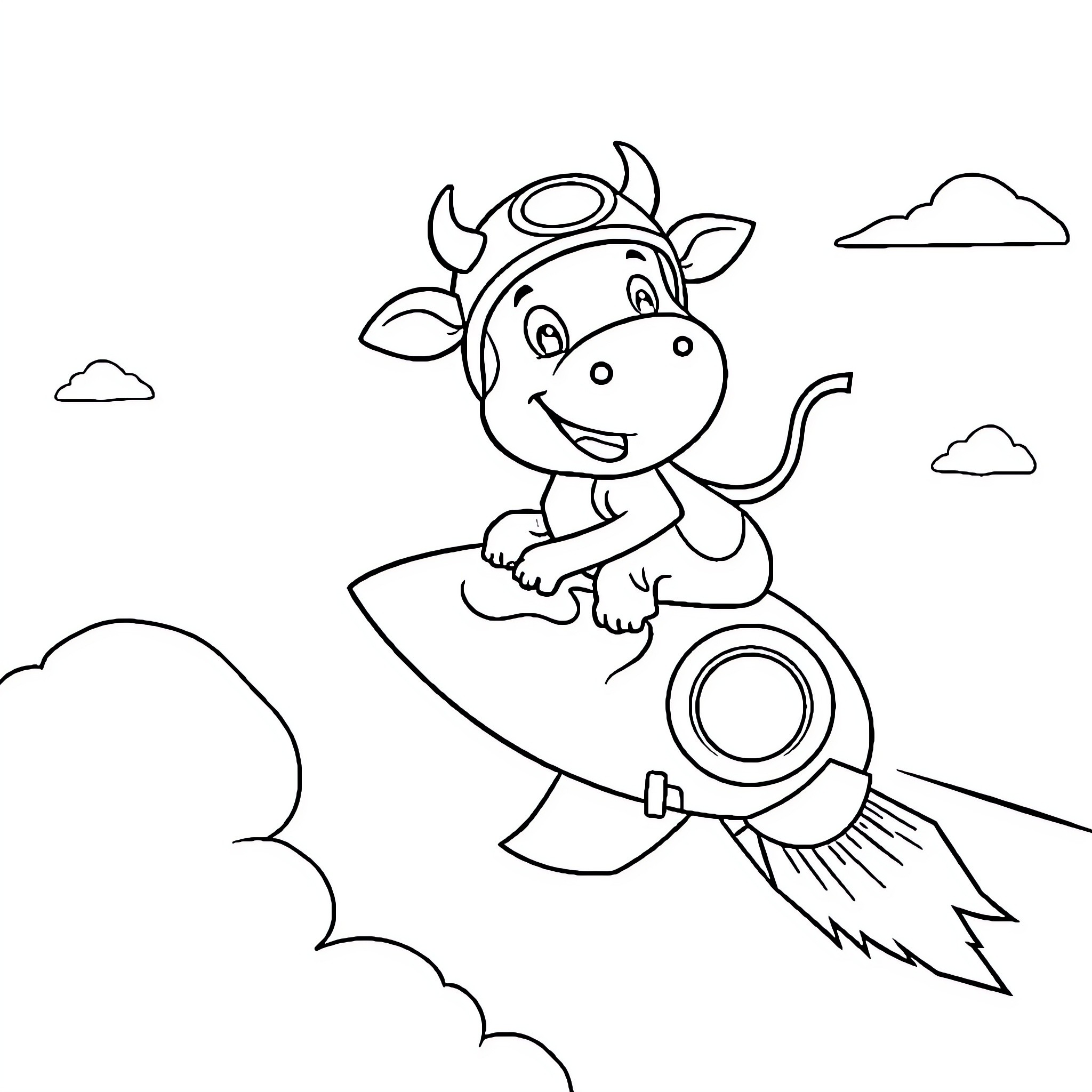Cow riding a rocket in the sky Coloring Page (free black-and-white line drawing printable PDF for all, from beginners to advanced learners, including children, teens, adults, and seniors)
