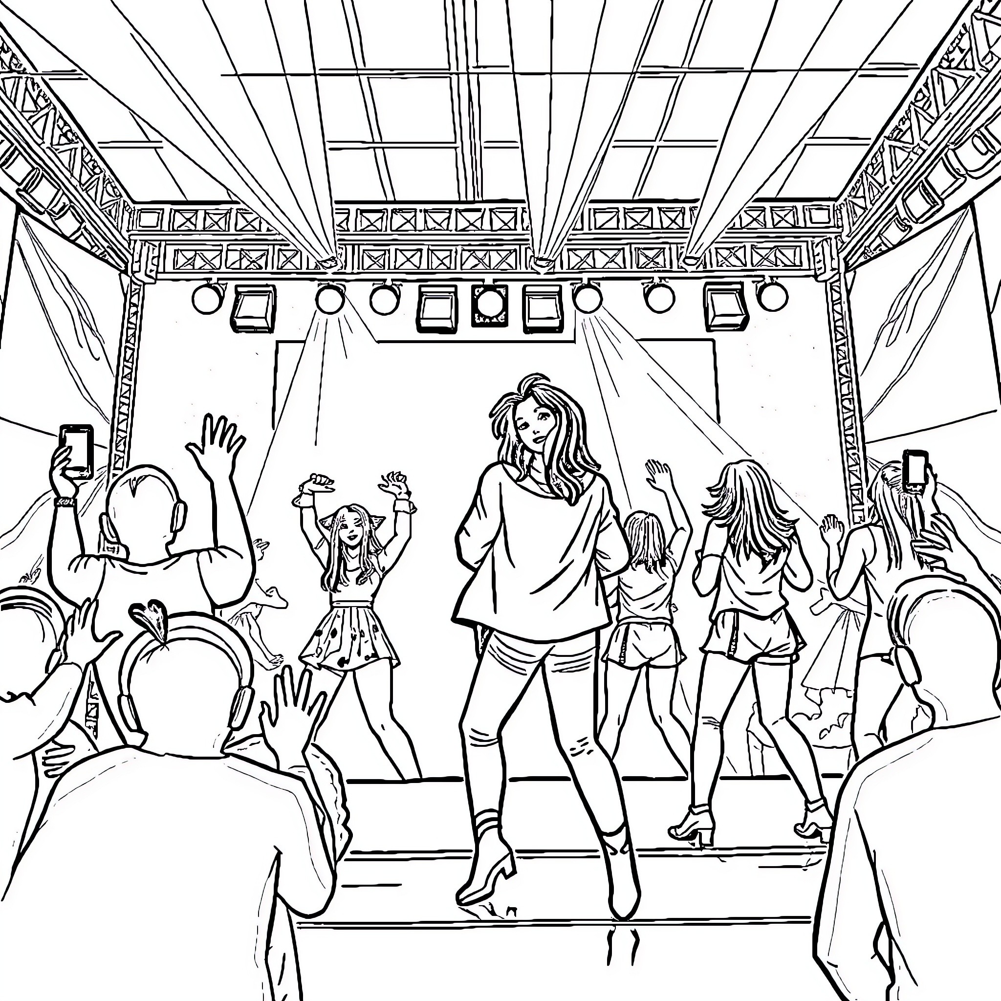 K Pop Performers on Stage Entertaining Fans Coloring Page (free black-and-white line drawing printable PDF for all, from beginners to advanced learners, including children, teens, adults, and seniors)