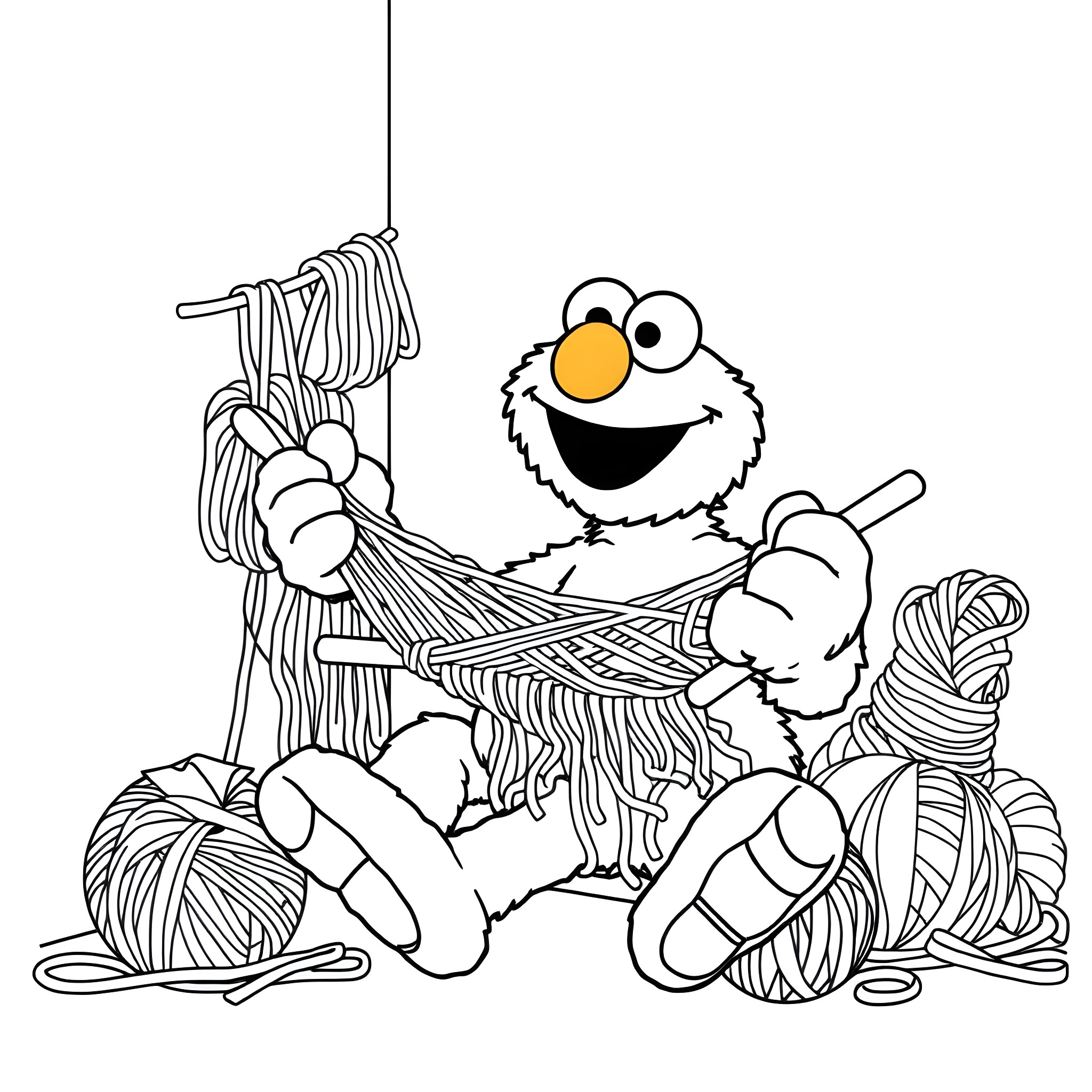 Elmo playing happily with yarn and string Coloring Page (free black-and-white line drawing printable PDF for all, from beginners to advanced learners, including children, teens, adults, and seniors)