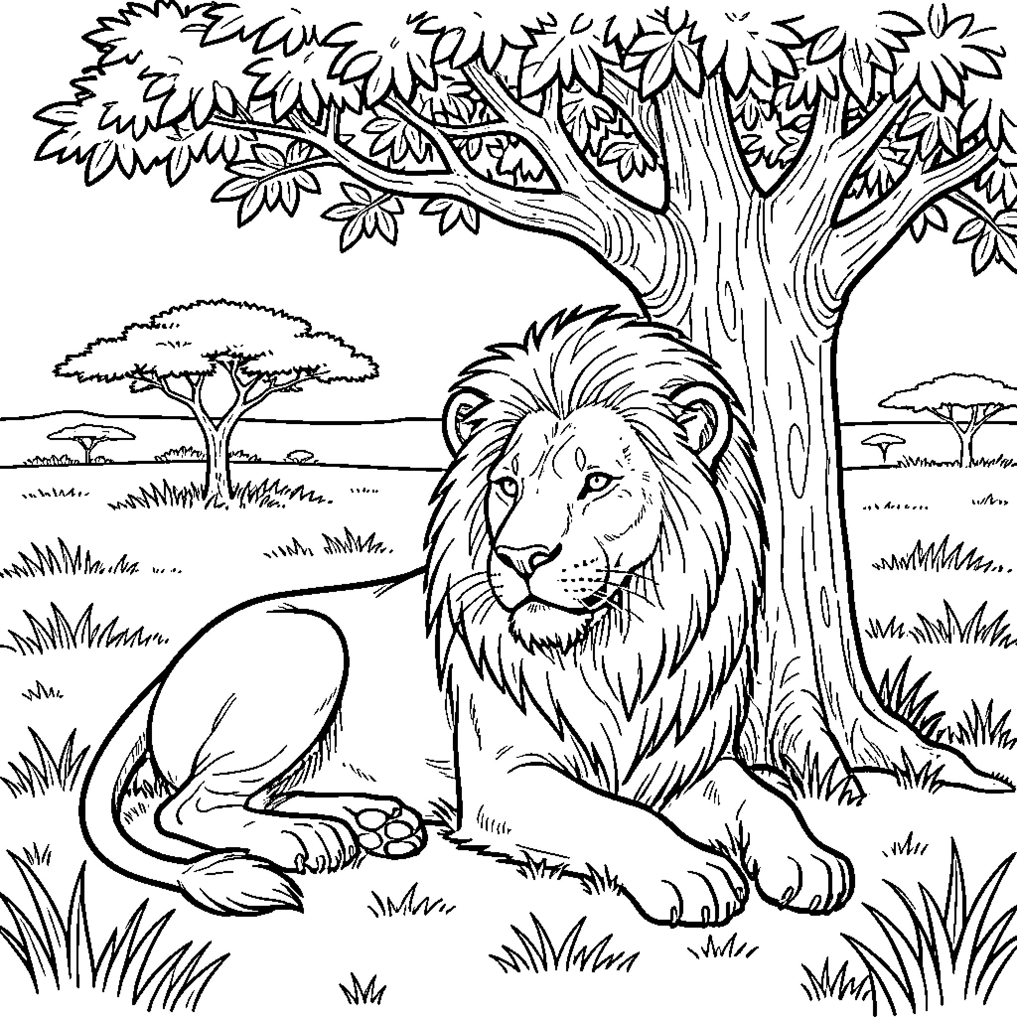 Lion resting in the serene savanna landscape Coloring Page (free black-and-white line drawing printable PDF for all, from beginners to advanced learners, including children, teens, adults, and seniors)