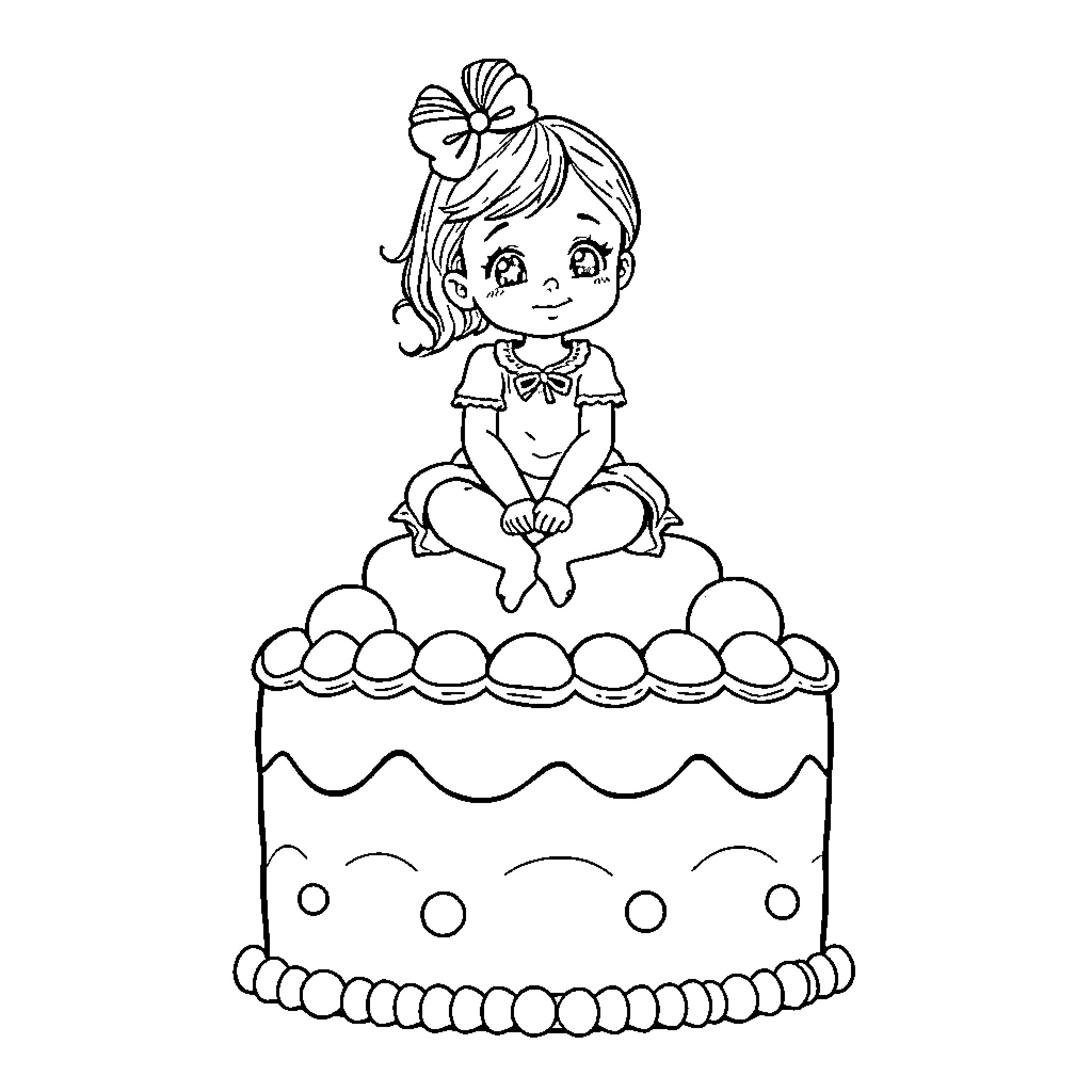 Girl sitting on a decorative cake Coloring Page (free black-and-white line drawing printable PDF for all, from beginners to advanced learners, including children, teens, adults, and seniors)