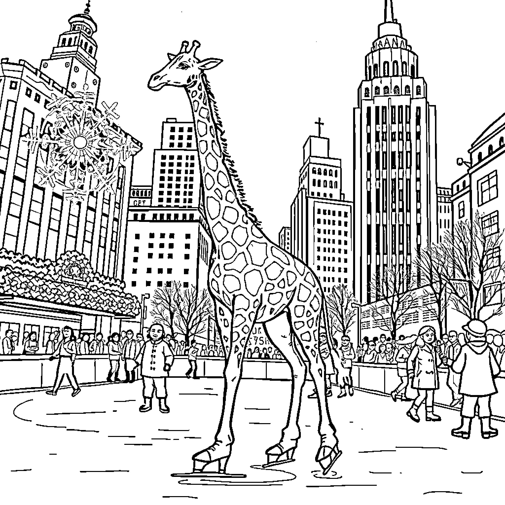 Giraffe in a bustling city landscape Coloring Page (free black-and-white line drawing printable PDF for all, from beginners to advanced learners, including children, teens, adults, and seniors)