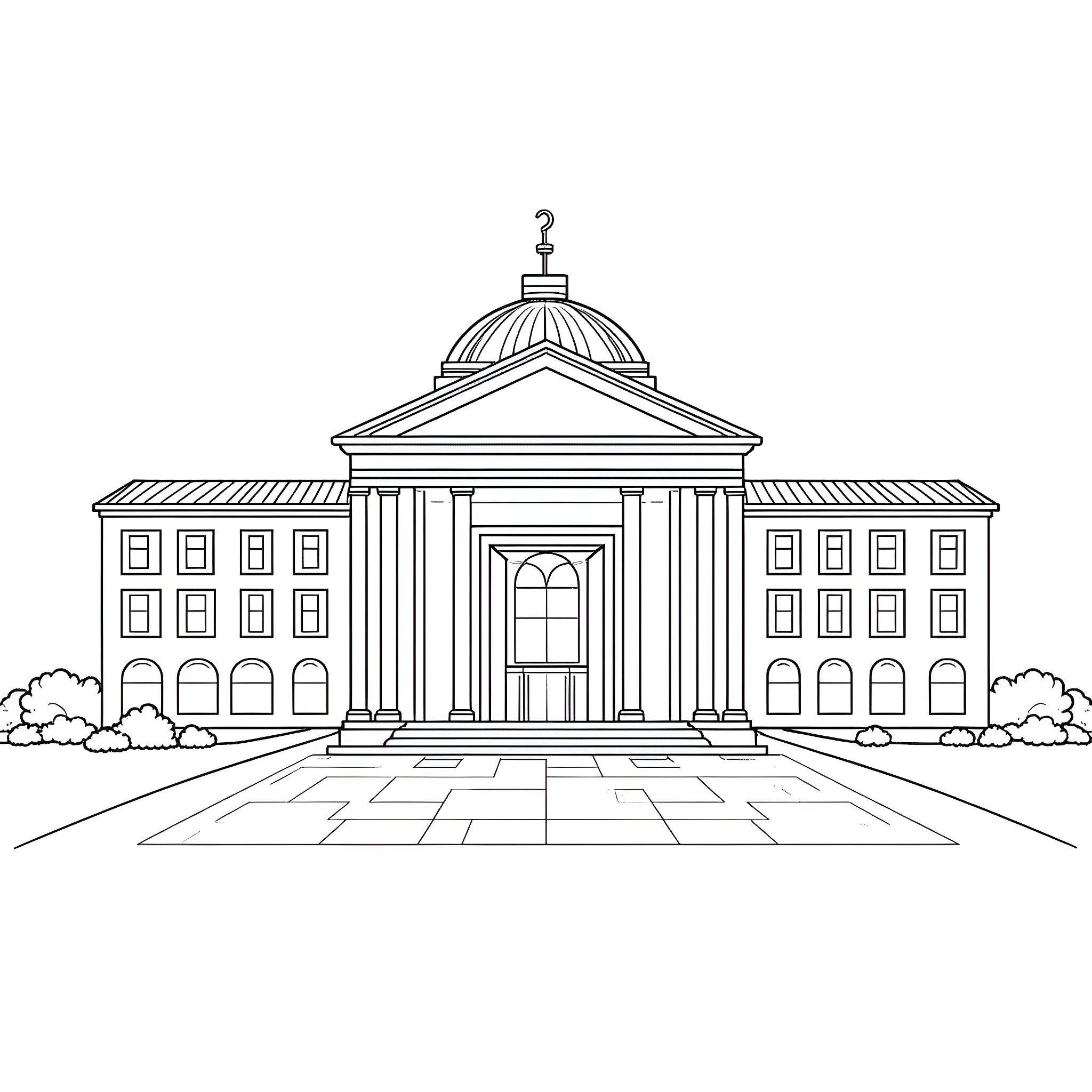 Library with grand columned entrance Coloring Page (free black-and-white line drawing printable PDF for all, from beginners to advanced learners, including children, teens, adults, and seniors)