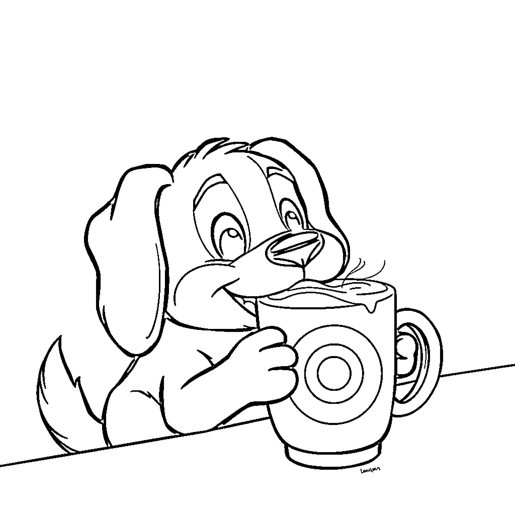 Dog drinking from a mug happily Coloring Page (free black-and-white line drawing printable PDF for all, from beginners to advanced learners, including children, teens, adults, and seniors)