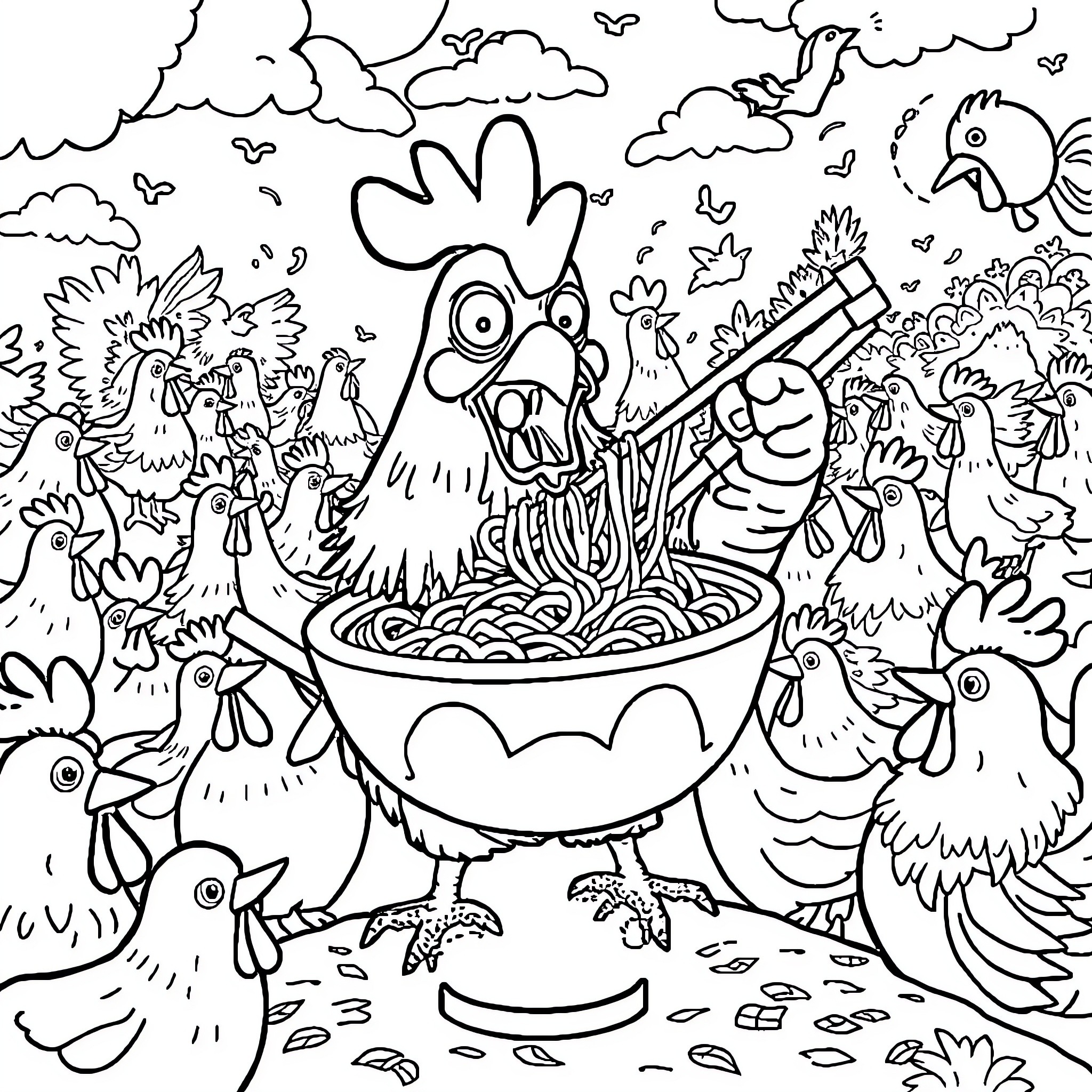 Chicken Flock Cooking Fun in the Barnyard Coloring Page (free black-and-white line drawing printable PDF for all, from beginners to advanced learners, including children, teens, adults, and seniors)