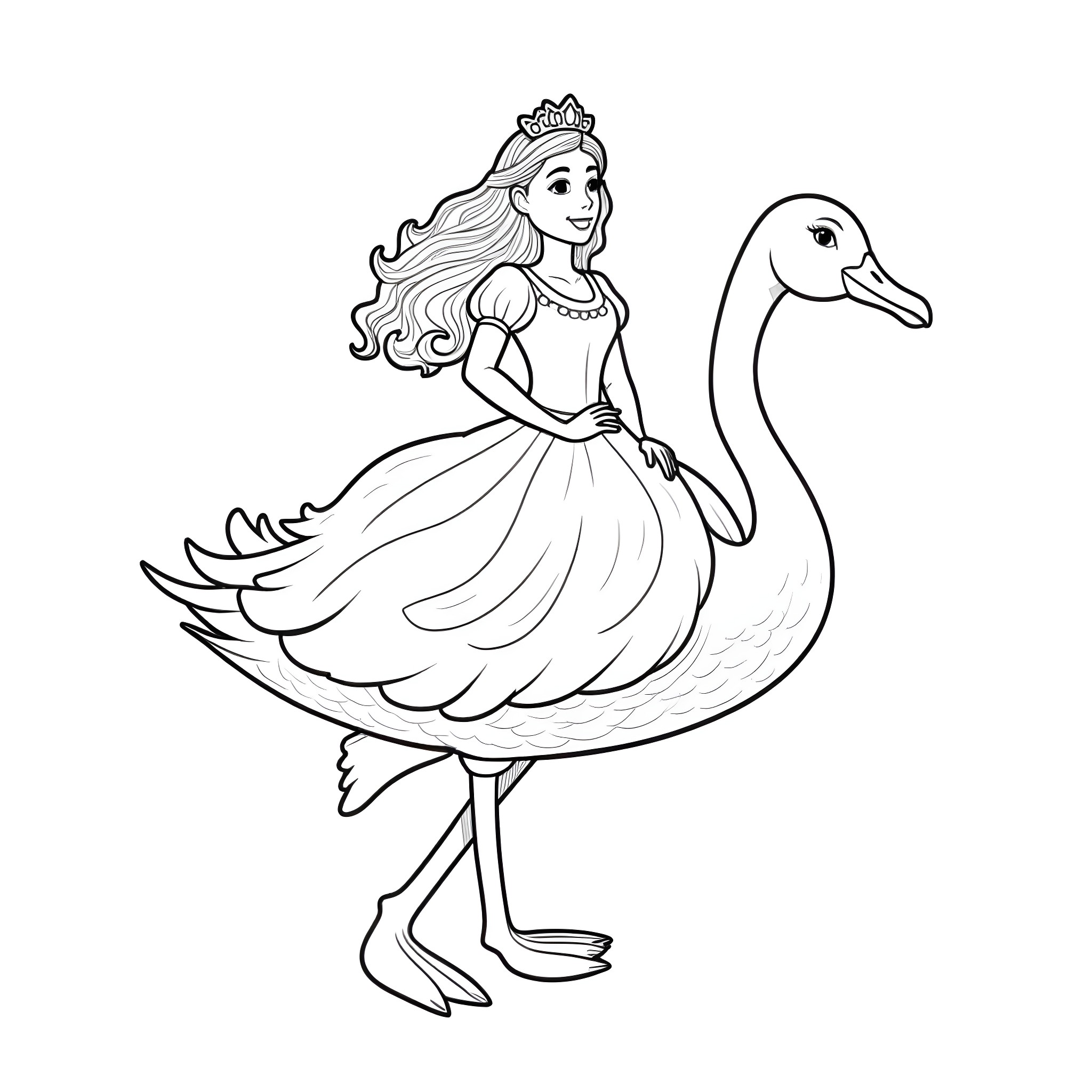 Princess riding a swan in a flowing dress Coloring Page (free black-and-white line drawing printable PDF for all, from beginners to advanced learners, including children, teens, adults, and seniors)