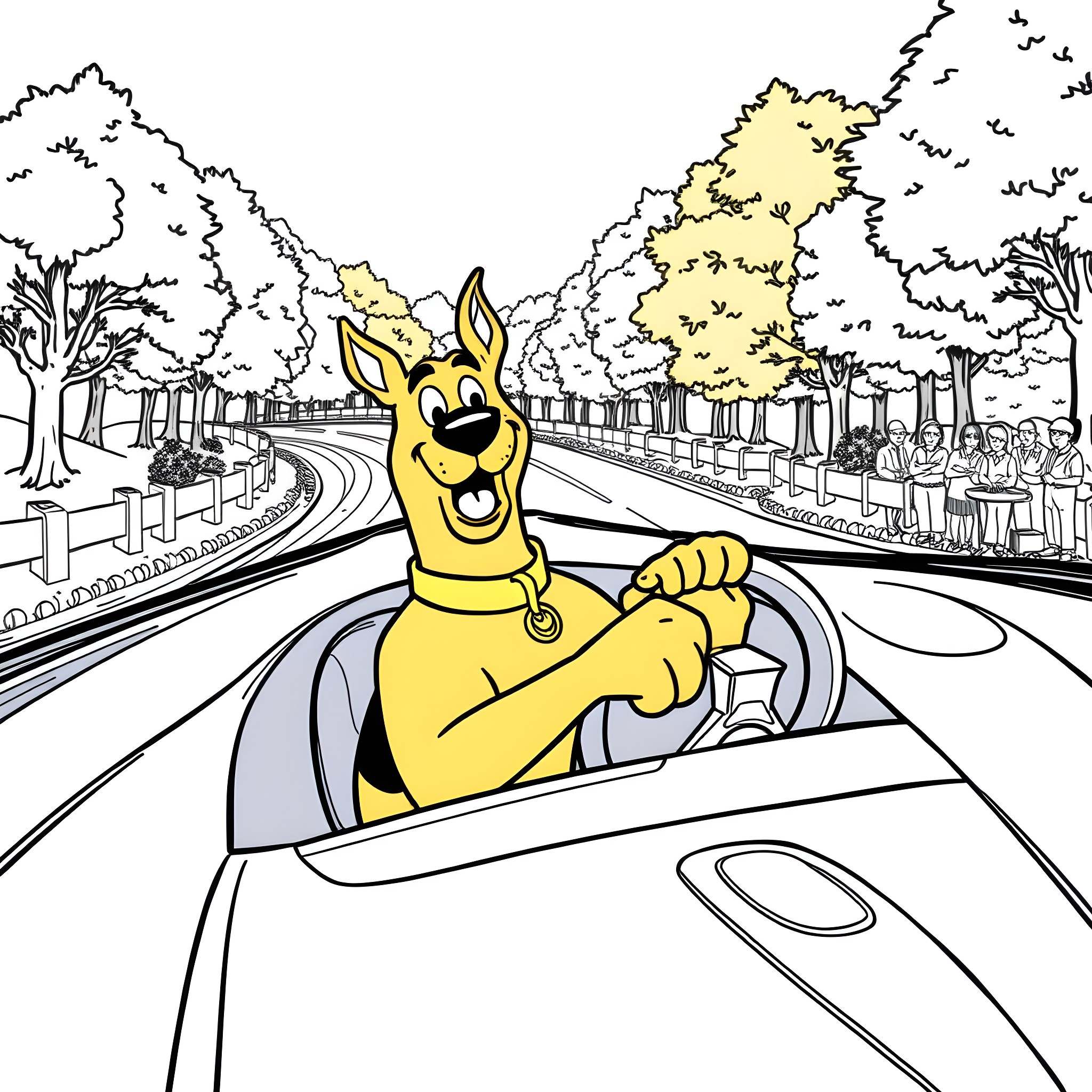 Scooby Doo driving a car on the road Coloring Page (free black-and-white line drawing printable PDF for all, from beginners to advanced learners, including children, teens, adults, and seniors)