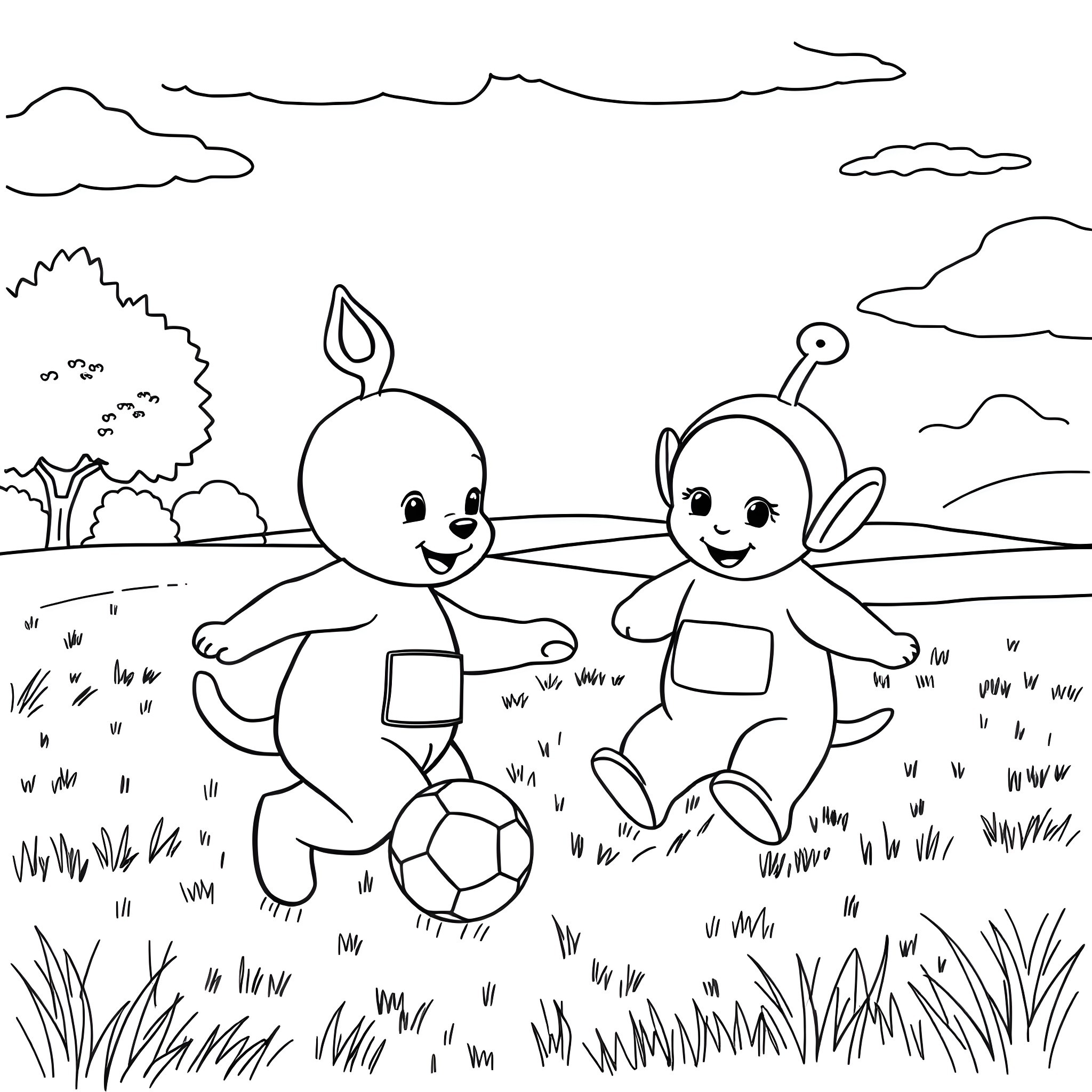 Bluey and Friends Playing with a Ball in the Park Coloring Page (free black-and-white line drawing printable PDF for all, from beginners to advanced learners, including children, teens, adults, and seniors)