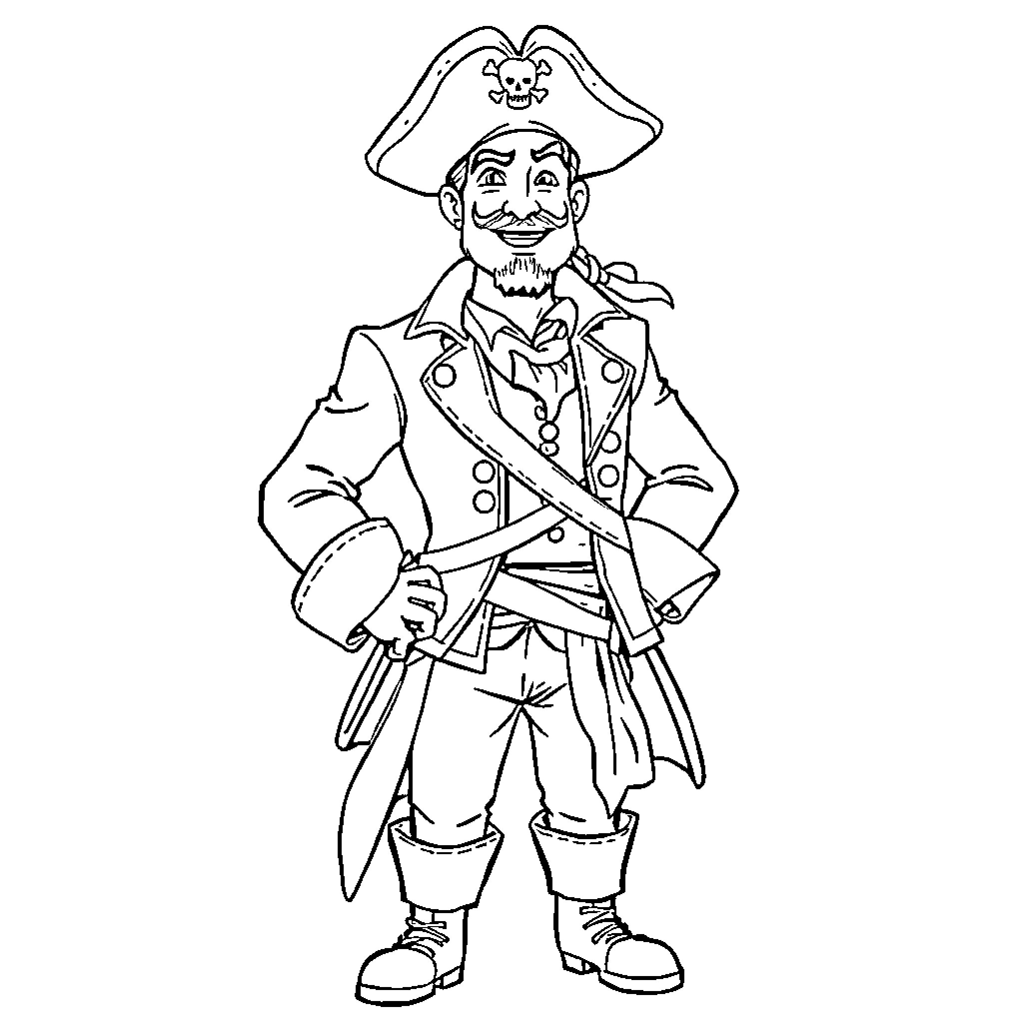 Trafalgar Law as a Dashing Pirate Captain Coloring Page (free black-and-white line drawing printable PDF for all, from beginners to advanced learners, including children, teens, adults, and seniors)