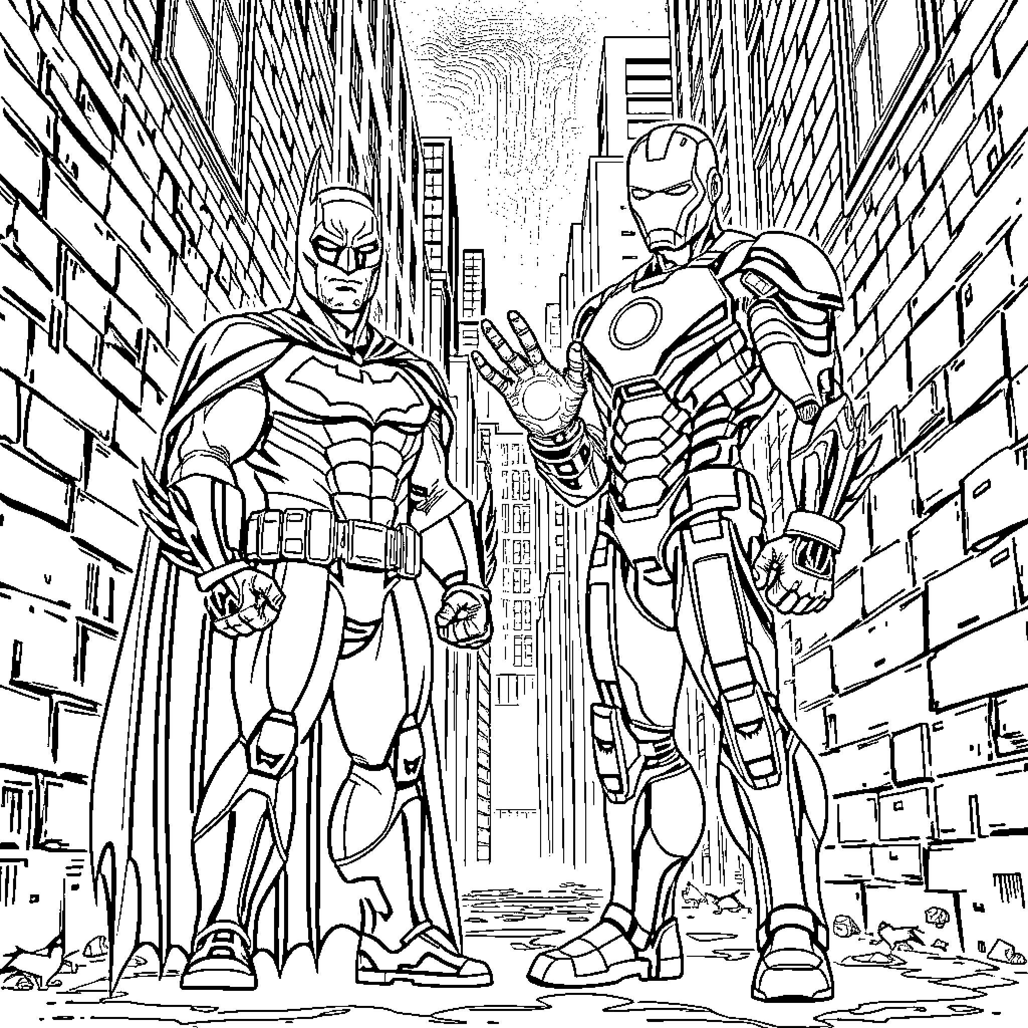 Batman and Iron Man team up in the city Coloring Page (free black-and-white line drawing printable PDF for all, from beginners to advanced learners, including children, teens, adults, and seniors)