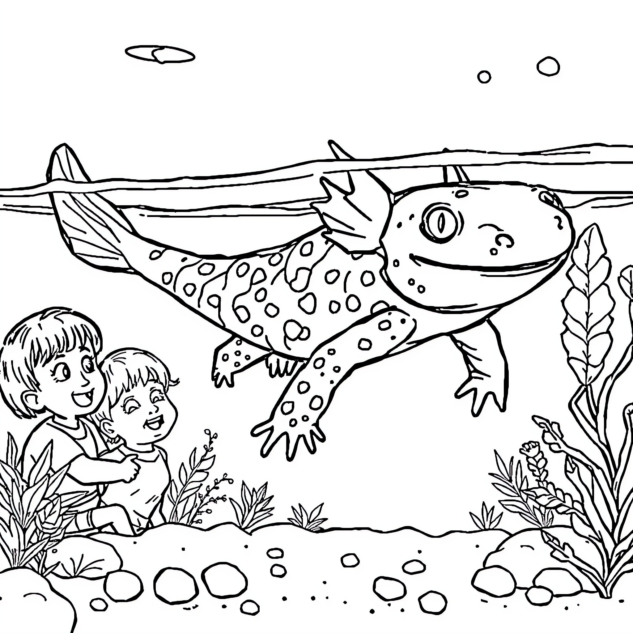 Axolotl Exploring the Underwater World with Children Coloring Page (free black-and-white line drawing printable PDF for all, from beginners to advanced learners, including children, teens, adults, and seniors)