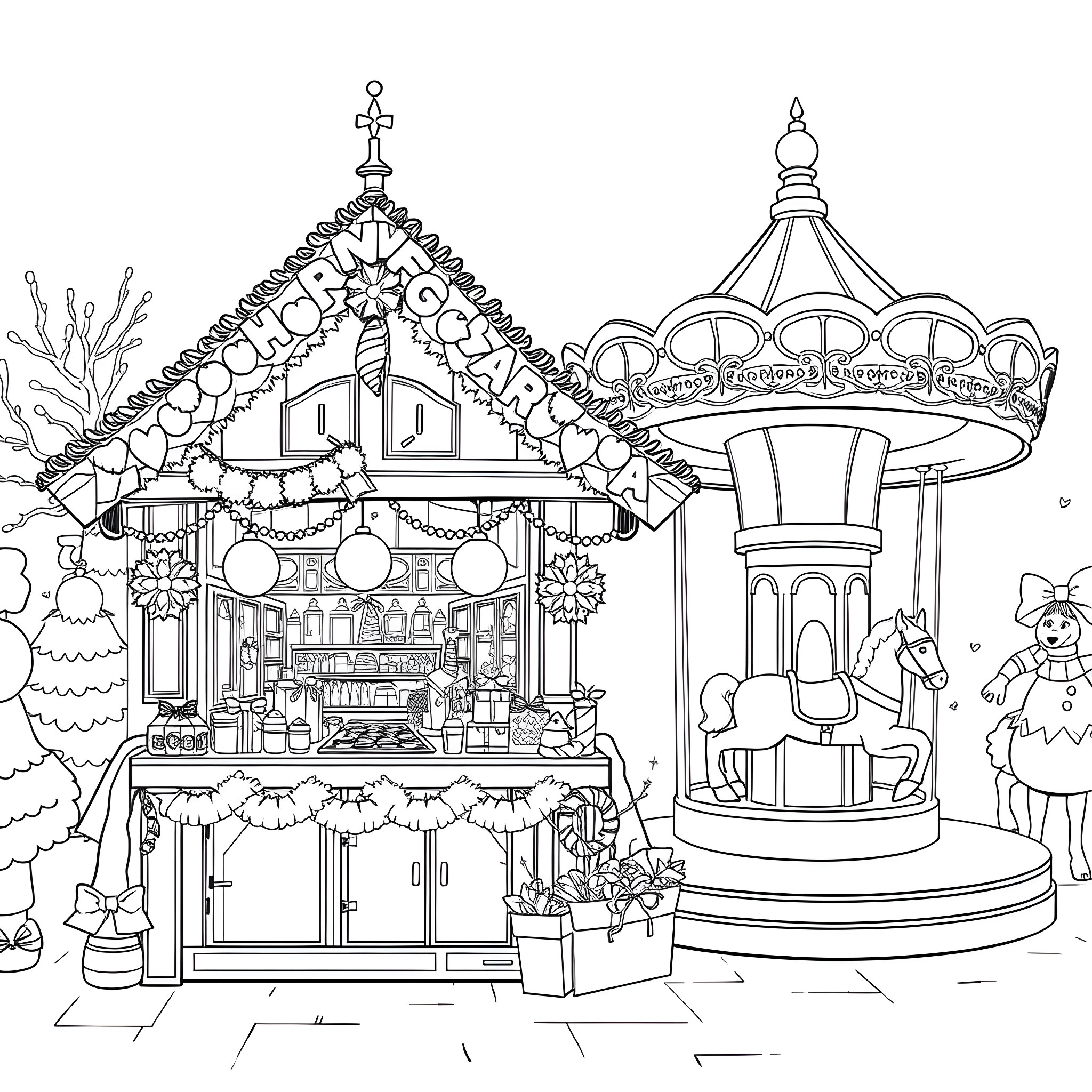 Christmas Market with Decorated Stalls and Carousel Coloring Page (free black-and-white line drawing printable PDF for all, from beginners to advanced learners, including children, teens, adults, and seniors)