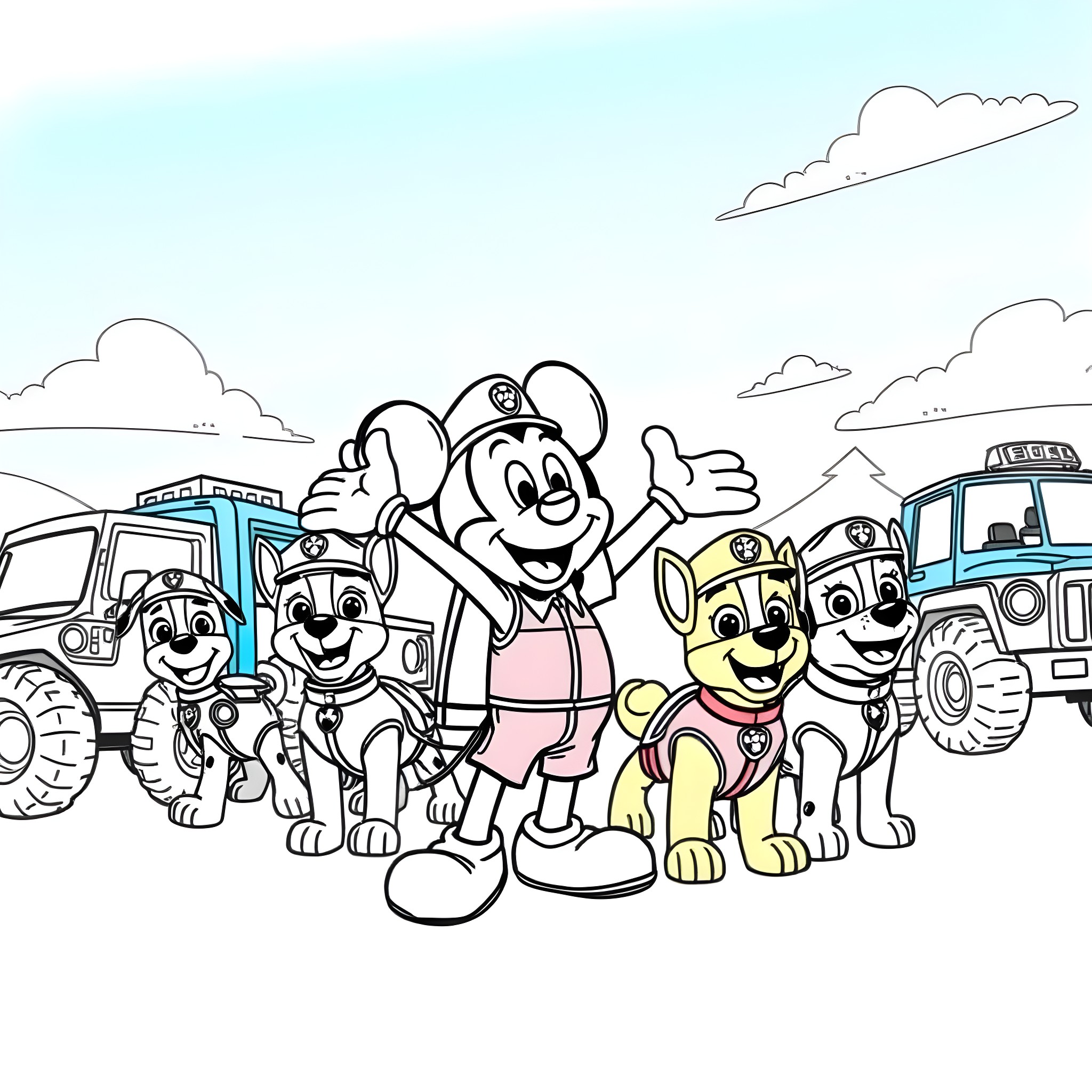 Mickey Mouse and friends explore construction vehicles Coloring Page (free black-and-white line drawing printable PDF for all, from beginners to advanced learners, including children, teens, adults, and seniors)