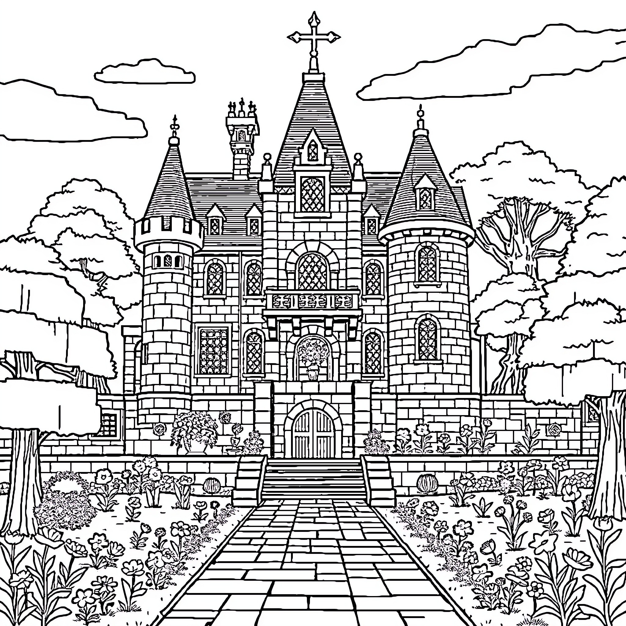Château with Ornate Architecture and Lush Surroundings Coloring Page (free black-and-white line drawing printable PDF for all, from beginners to advanced learners, including children, teens, adults, and seniors)