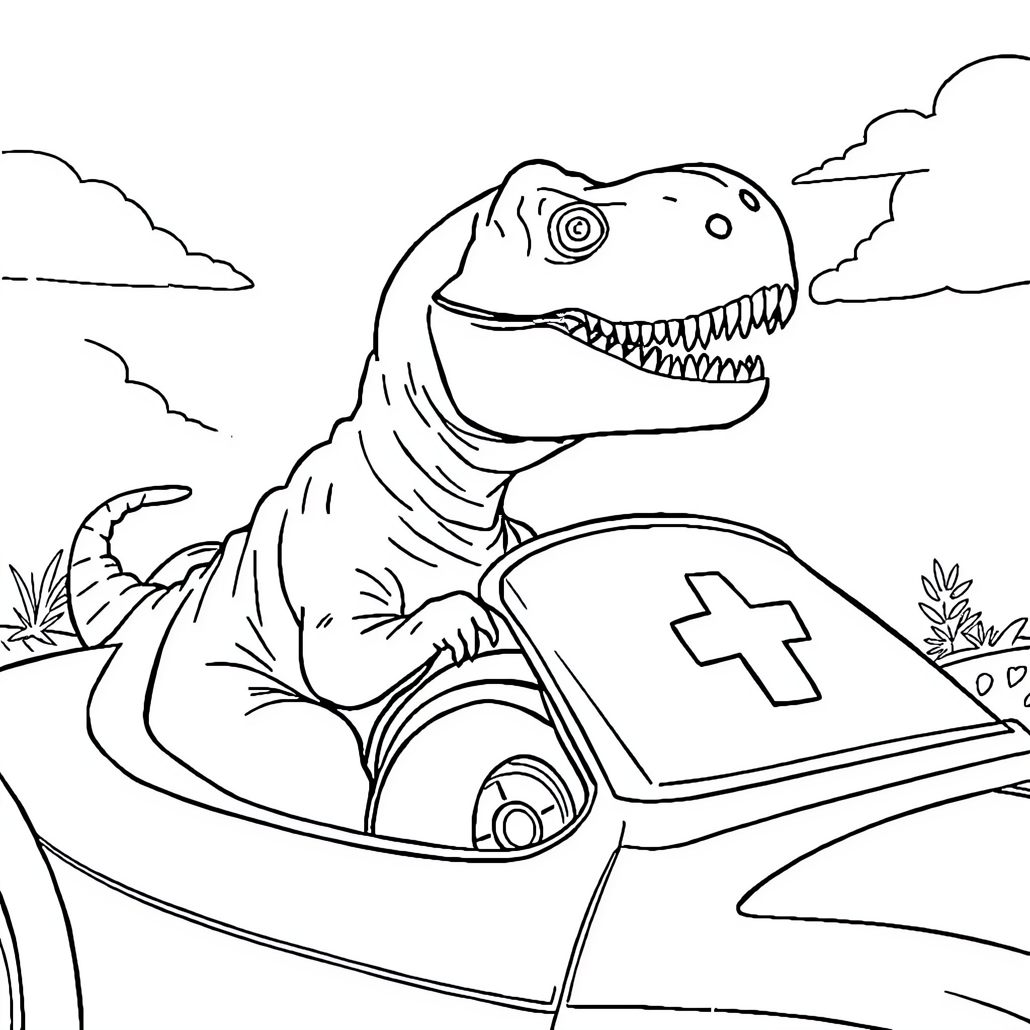 T-Rex Driving Ambulance Through Prehistoric Landscape Coloring Page (free black-and-white line drawing printable PDF for all, from beginners to advanced learners, including children, teens, adults, and seniors)