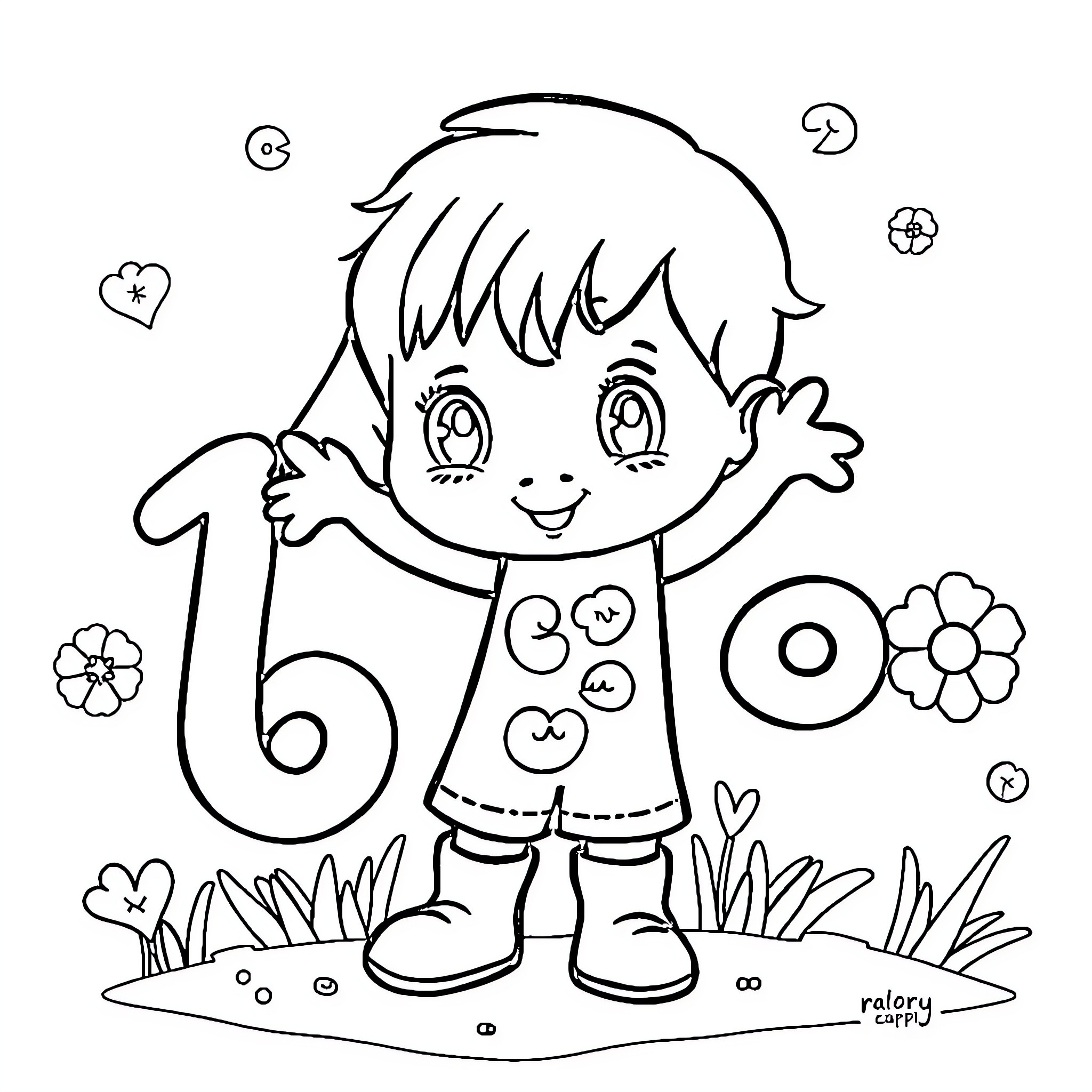 Number Happy Boy Playing in the Flowers Coloring Page (free black-and-white line drawing printable PDF for all, from beginners to advanced learners, including children, teens, adults, and seniors)