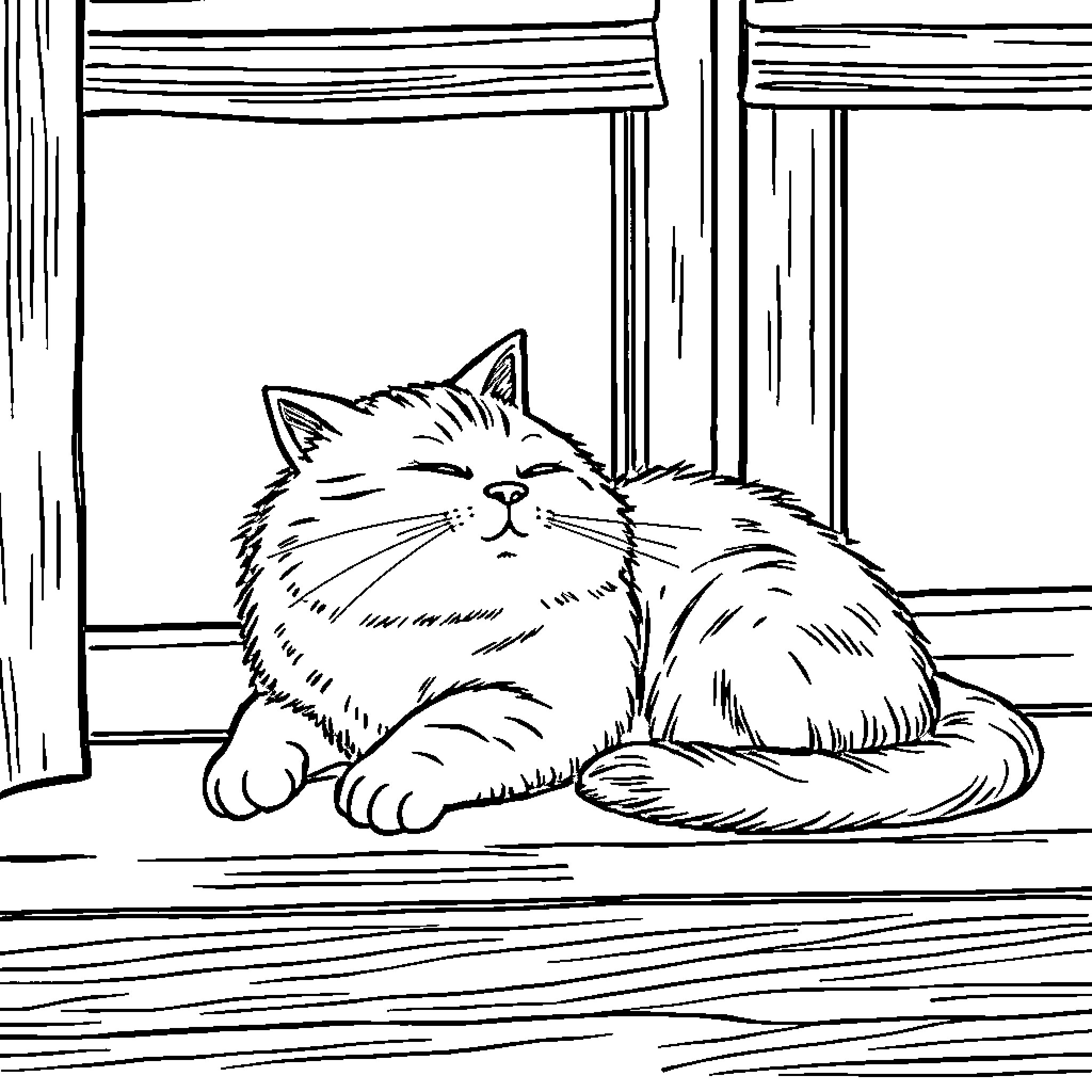 Kitty resting peacefully by the window Coloring Page (free black-and-white line drawing printable PDF for all, from beginners to advanced learners, including children, teens, adults, and seniors)