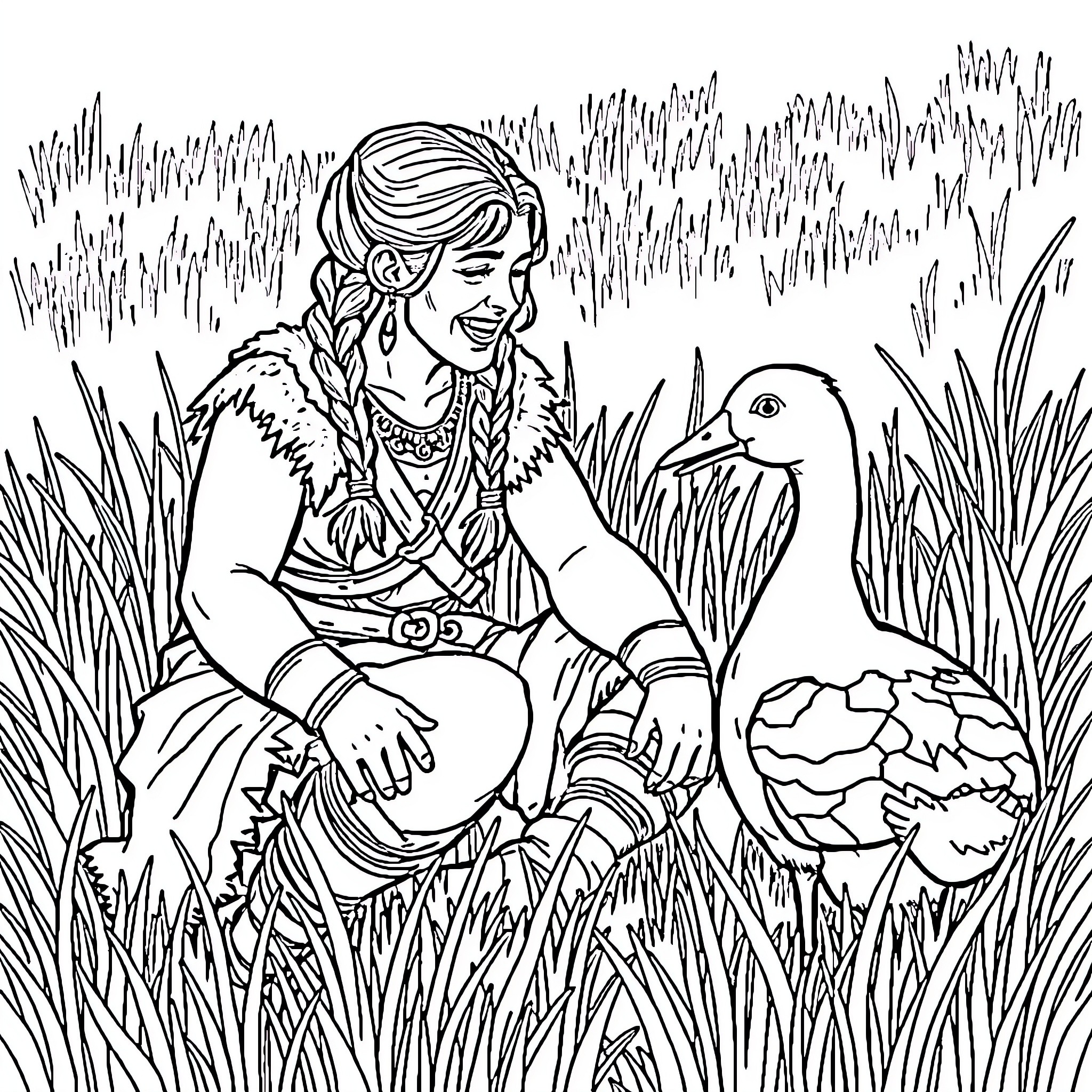 Barbarian woman sharing moment with a wild animal Coloring Page (free black-and-white line drawing printable PDF for all, from beginners to advanced learners, including children, teens, adults, and seniors)