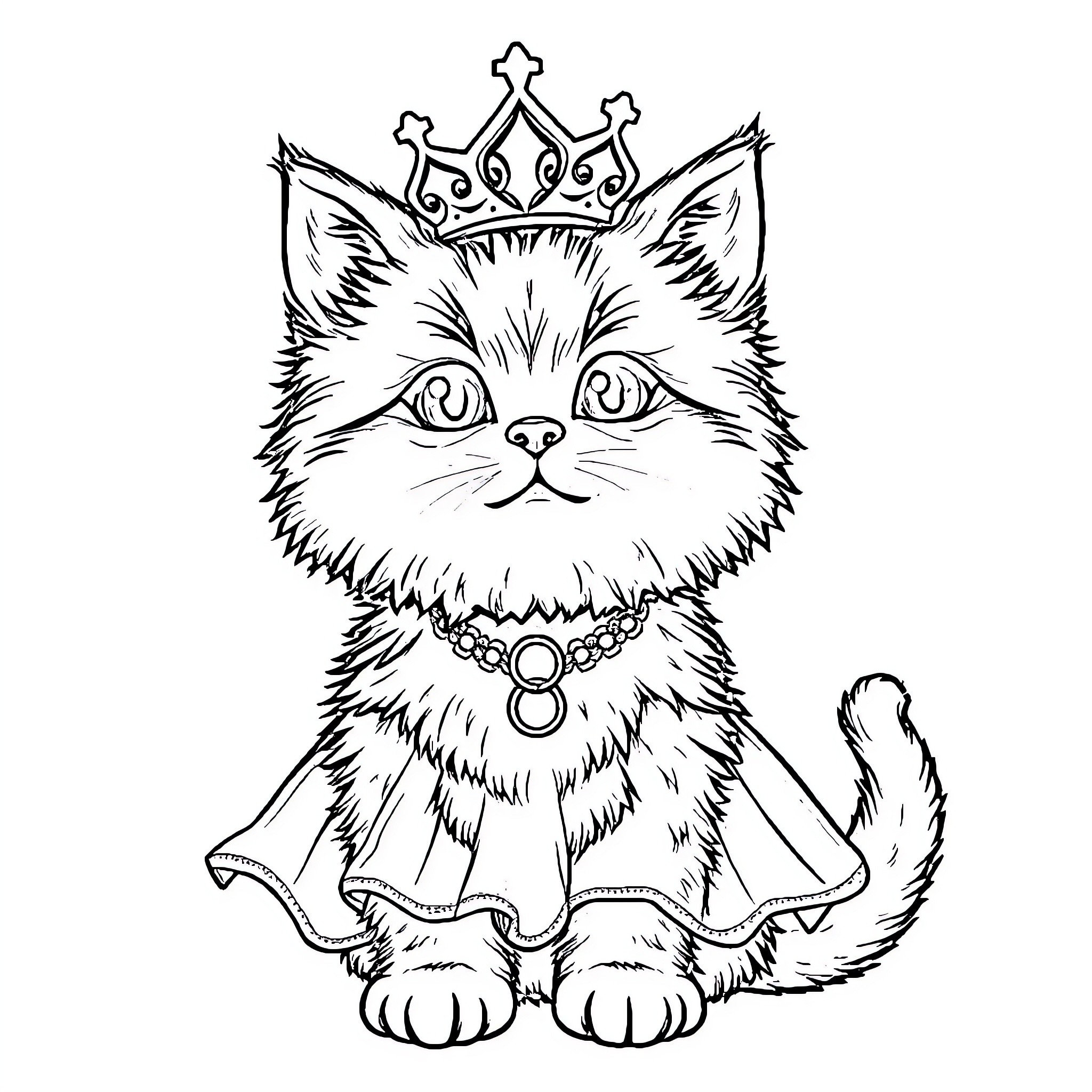 Cat wearing a royal crown and necklace Coloring Page (free black-and-white line drawing printable PDF for all, from beginners to advanced learners, including children, teens, adults, and seniors)