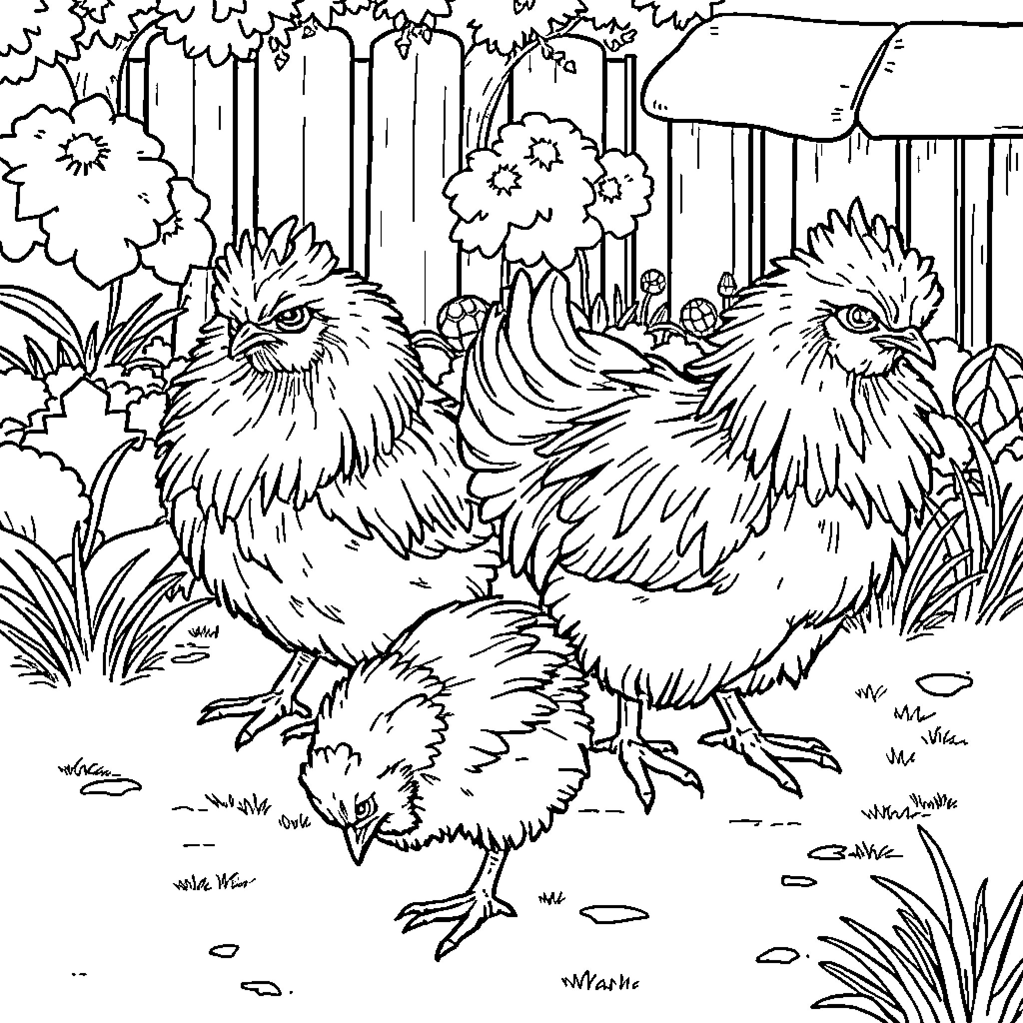 Silkie Chickens Exploring the Lush Backyard Coloring Page (free black-and-white line drawing printable PDF for all, from beginners to advanced learners, including children, teens, adults, and seniors)